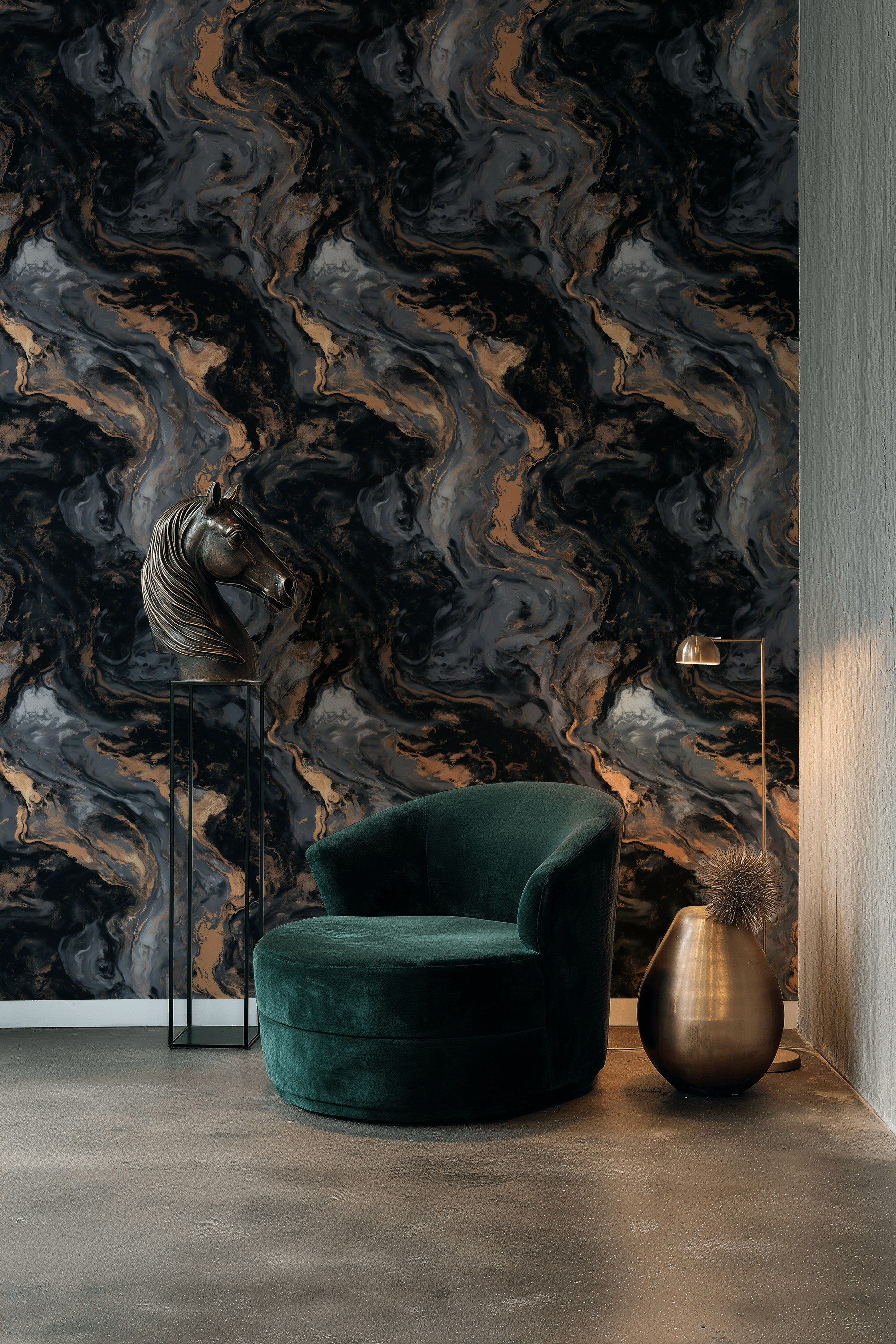 Black and Gold Look Abstract Marble Swirl Wallpaper