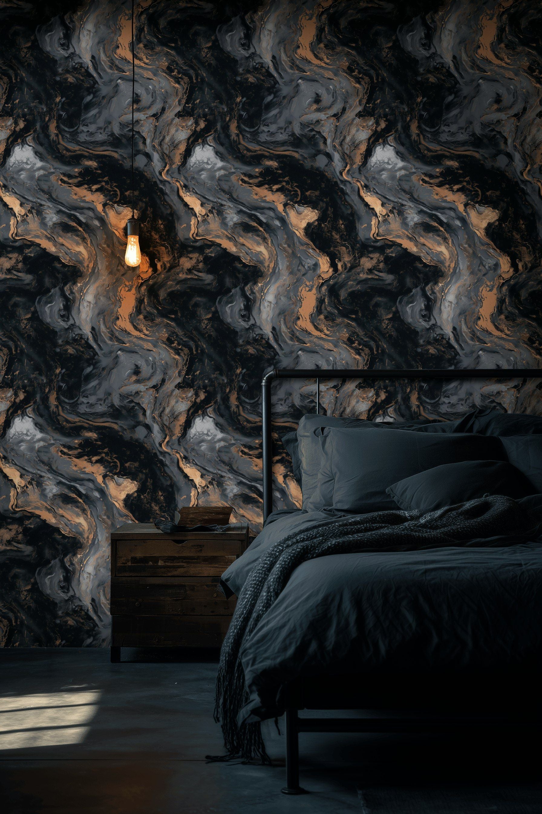 Black and Gold Look Abstract Marble Swirl Wallpaper