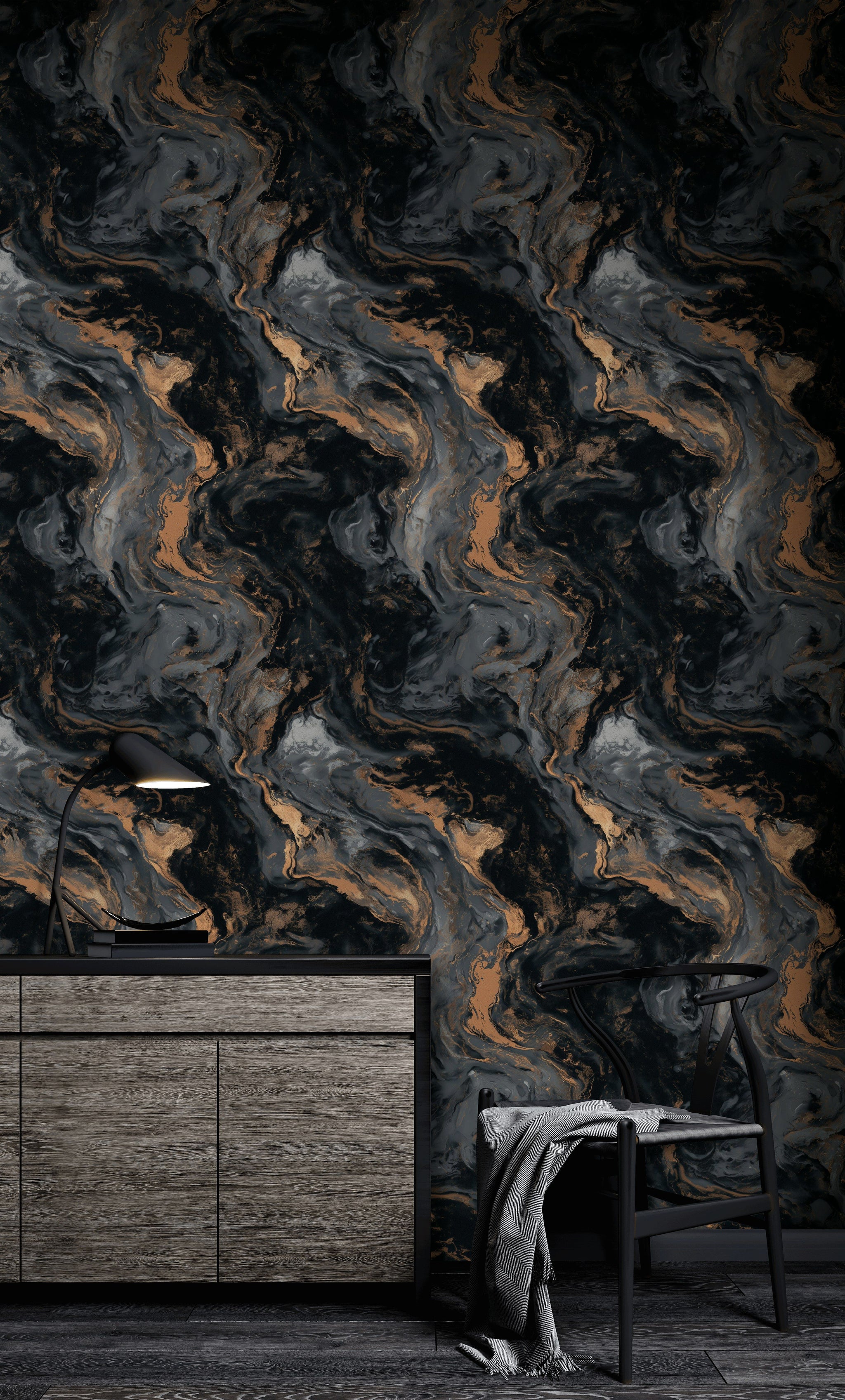 Black and Gold Look Abstract Marble Swirl Wallpaper