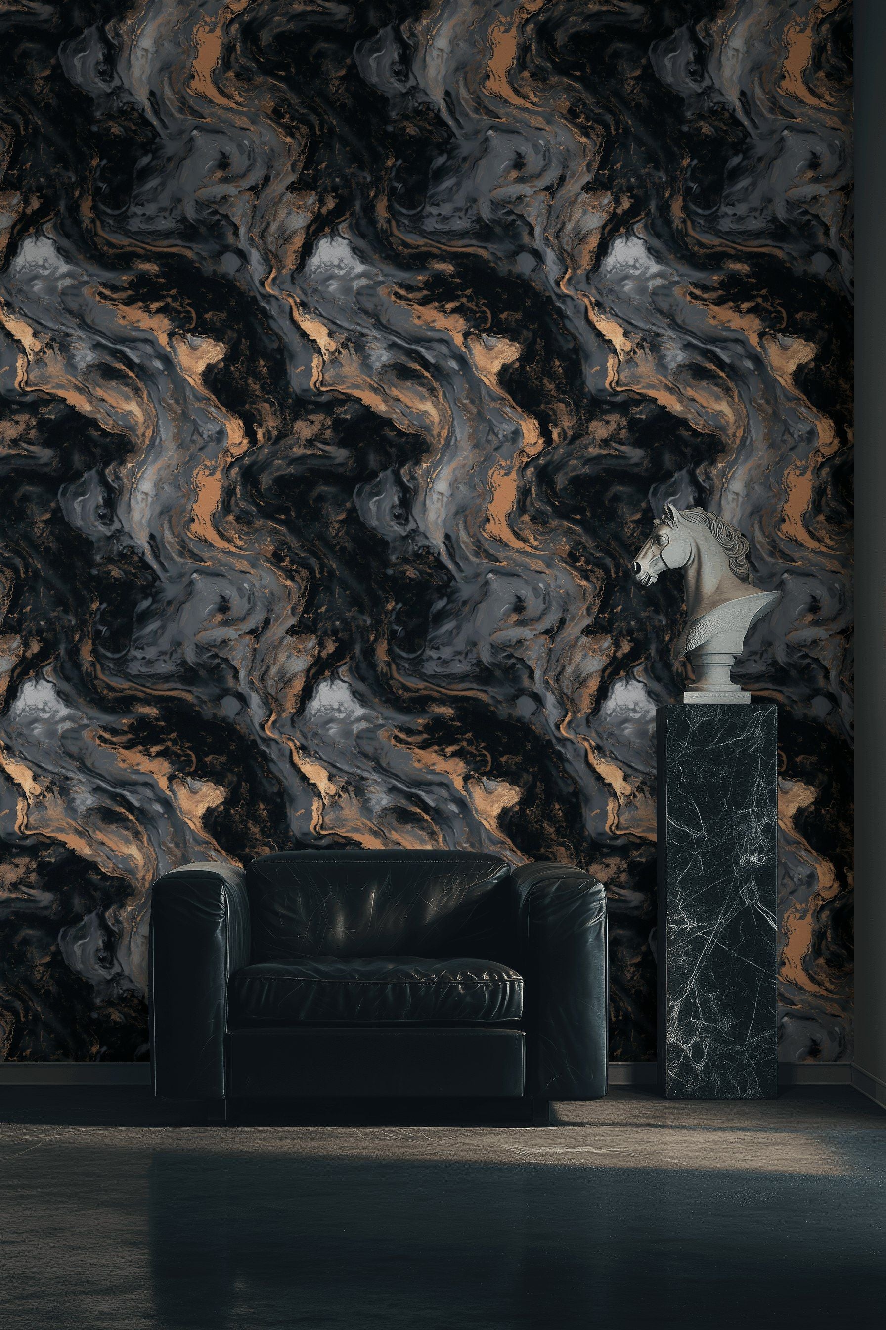 Black and Gold Look Abstract Marble Swirl Wallpaper