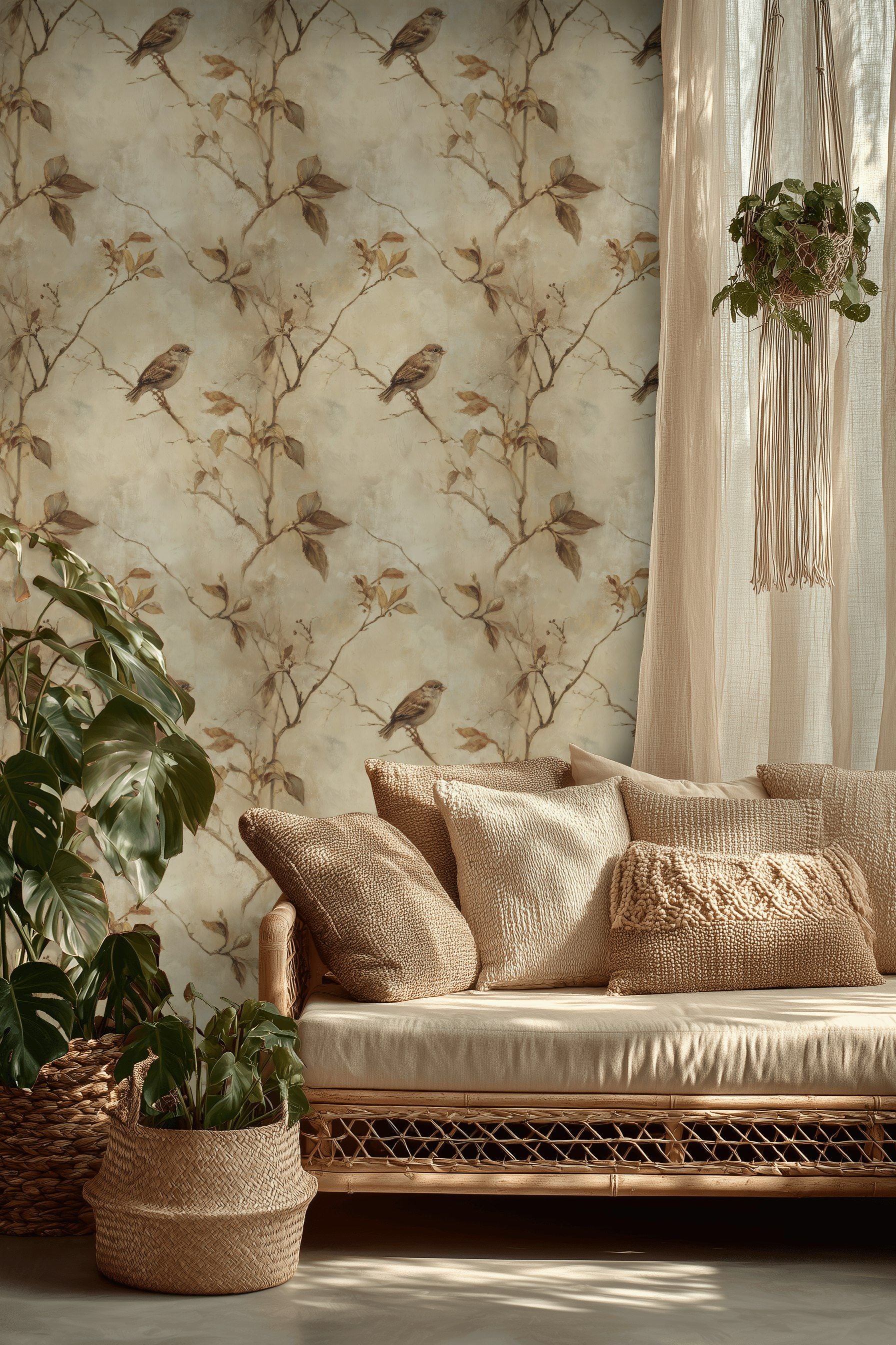 Warm Beige Sparrow Botanical Wallpaper