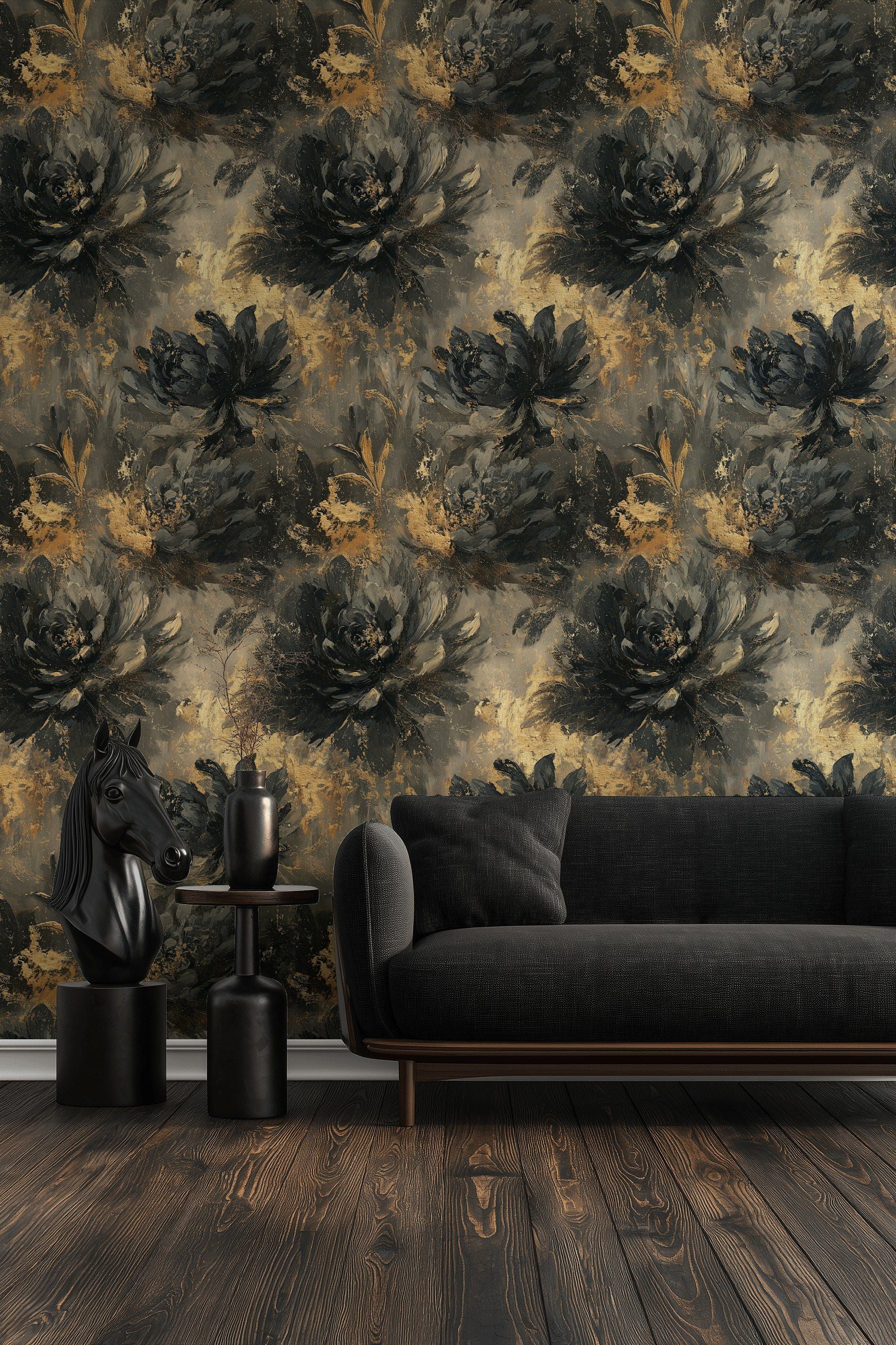 Deep Black and Gold Look Large Floral Wallpaper