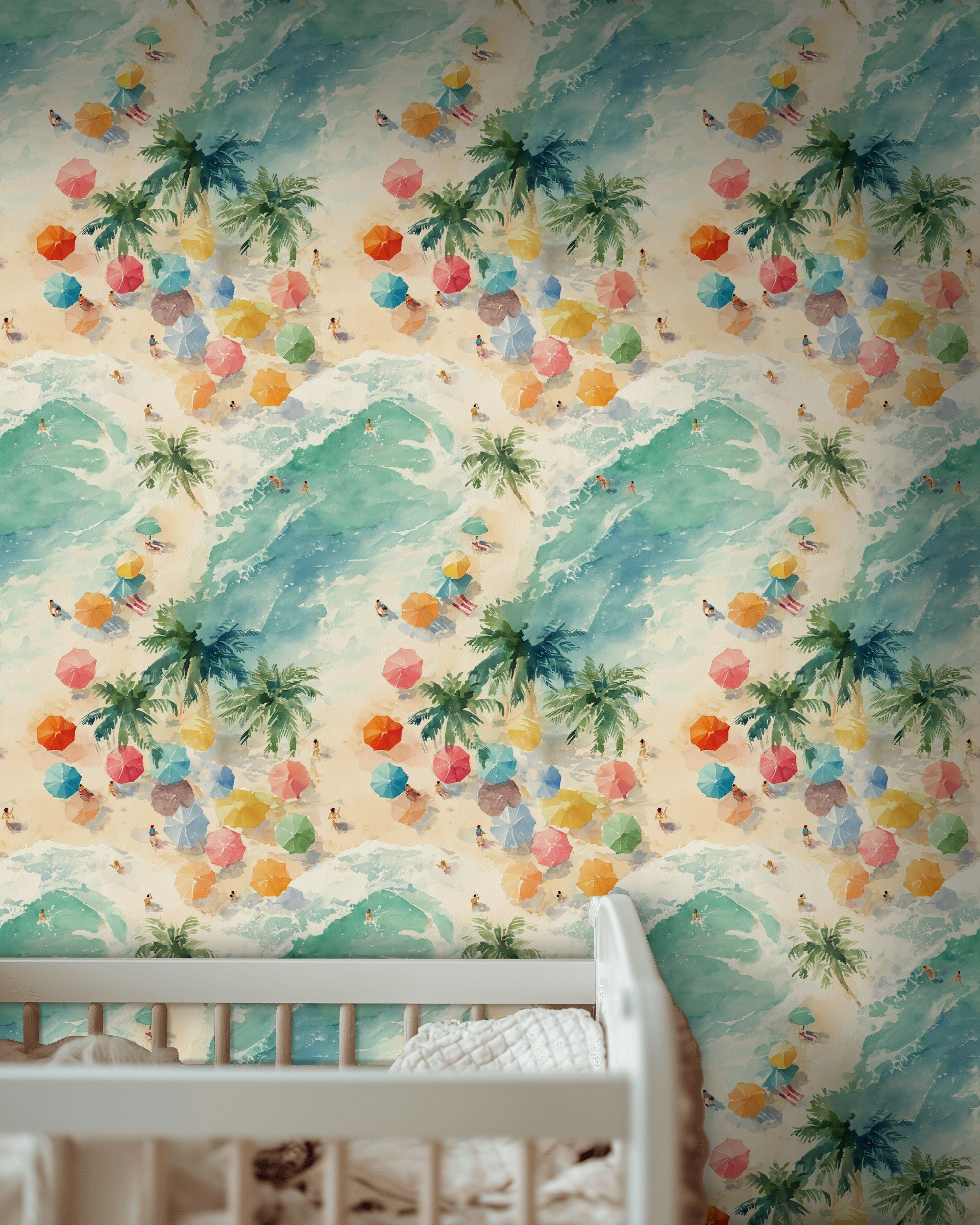 Vibrant Beach Scene Watercolor Wallpaper