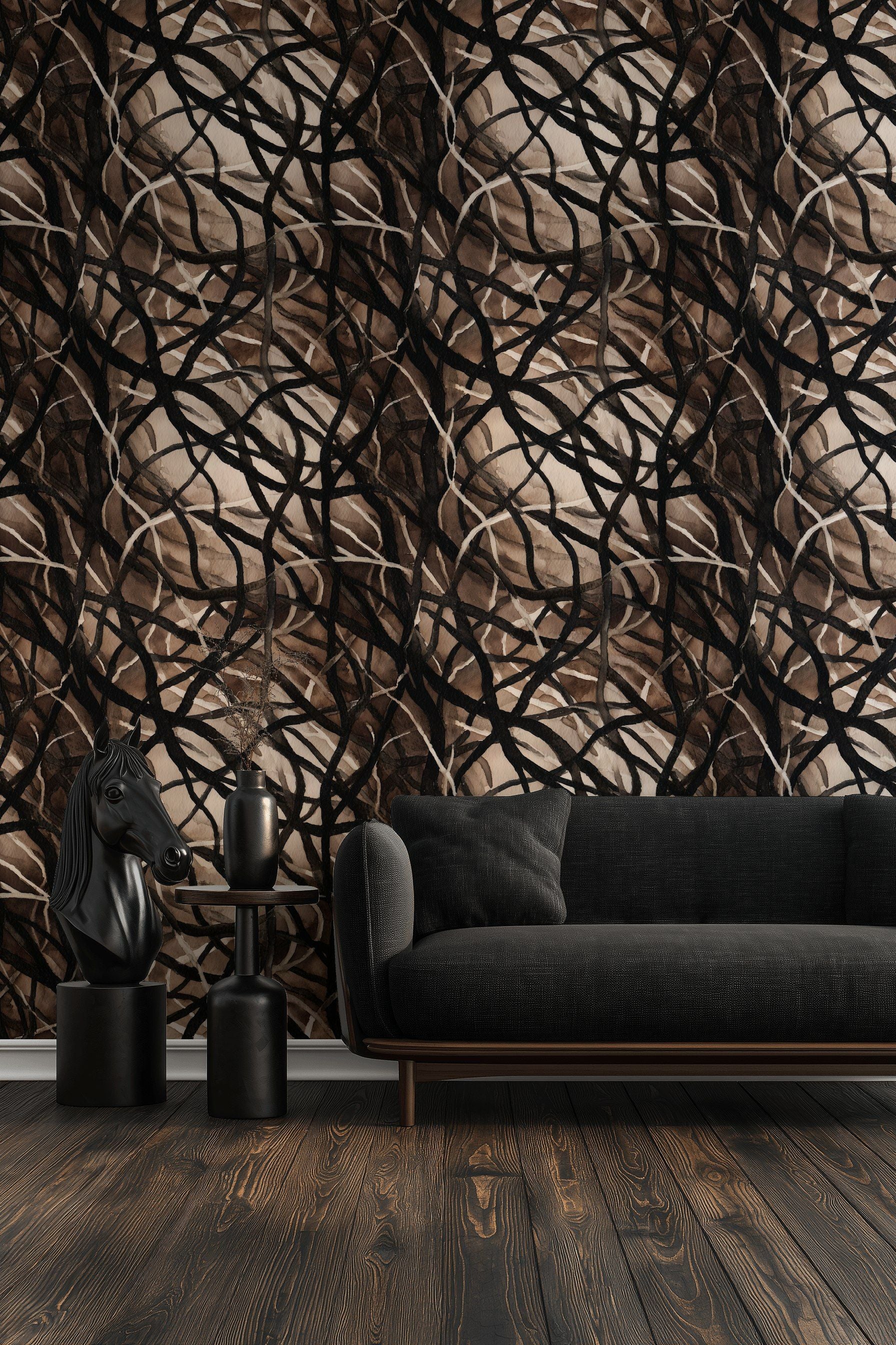 Mocha and Black Abstract Interwoven Pattern Wallpaper