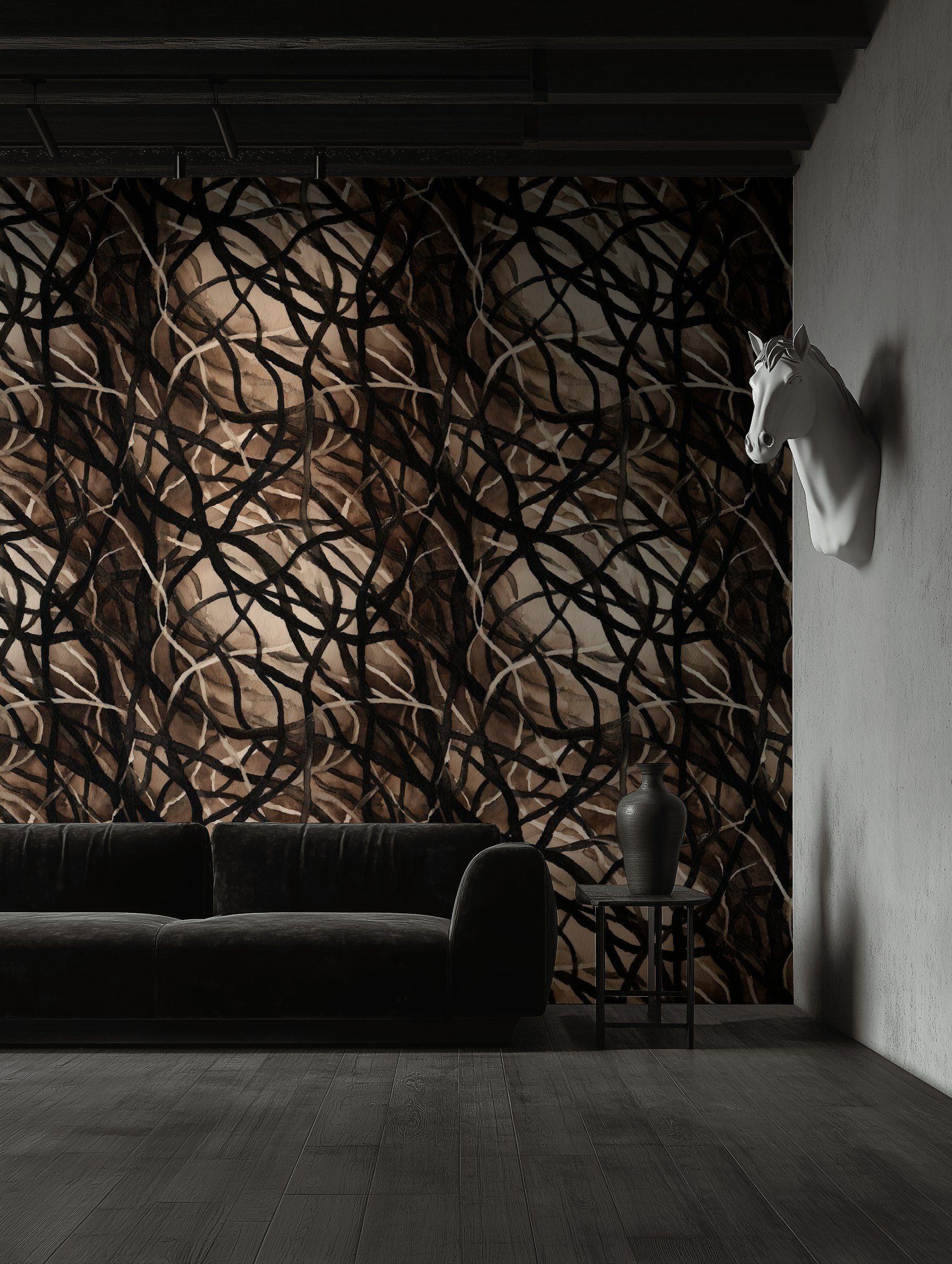 Mocha and Black Abstract Interwoven Pattern Wallpaper