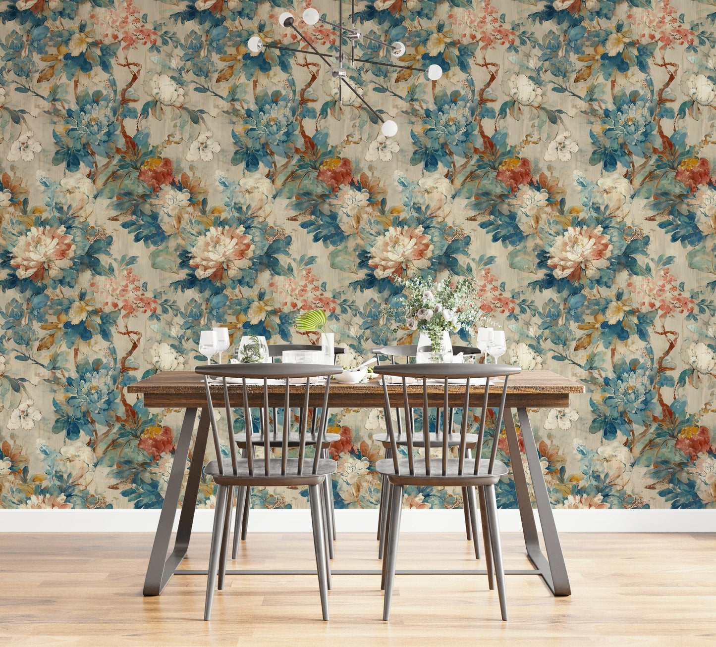 Peony Blue Wallpaper Watercolor Floral Mural Vintage Decor