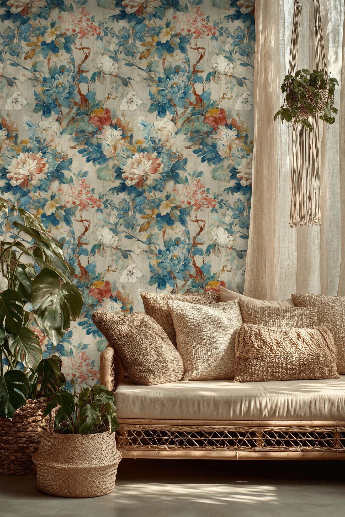 Peony Blue Wallpaper Watercolor Floral Mural Vintage Decor