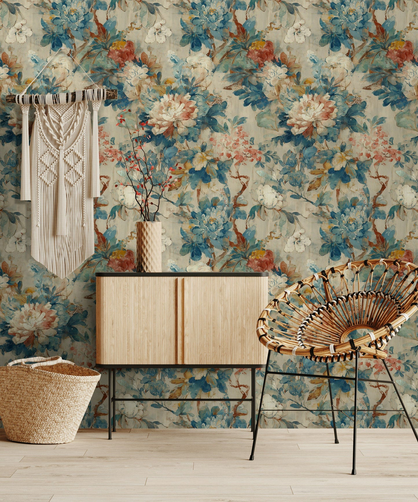 Peony Blue Wallpaper Watercolor Floral Mural Vintage Decor