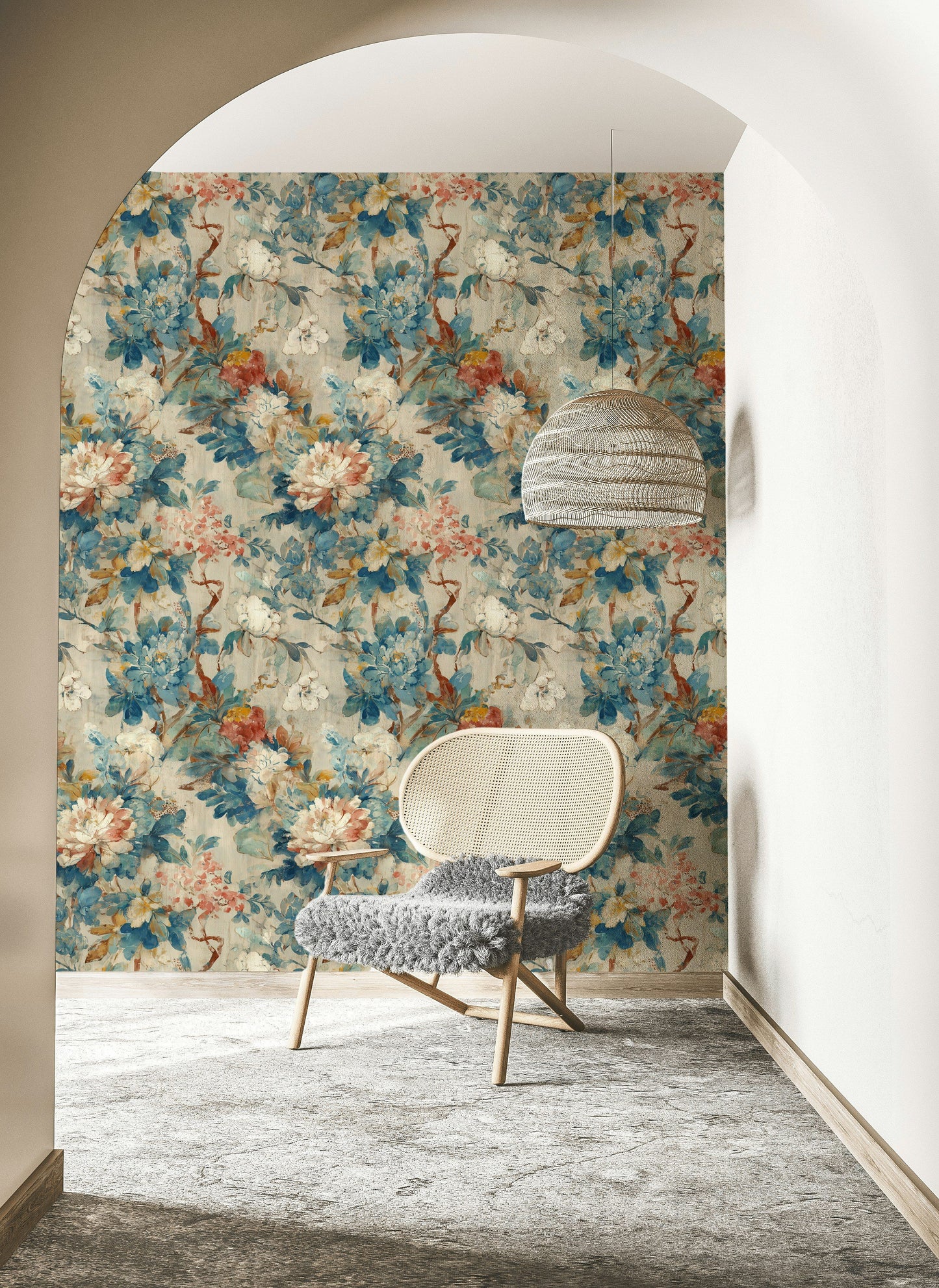 Peony Blue Wallpaper Watercolor Floral Mural Vintage Decor