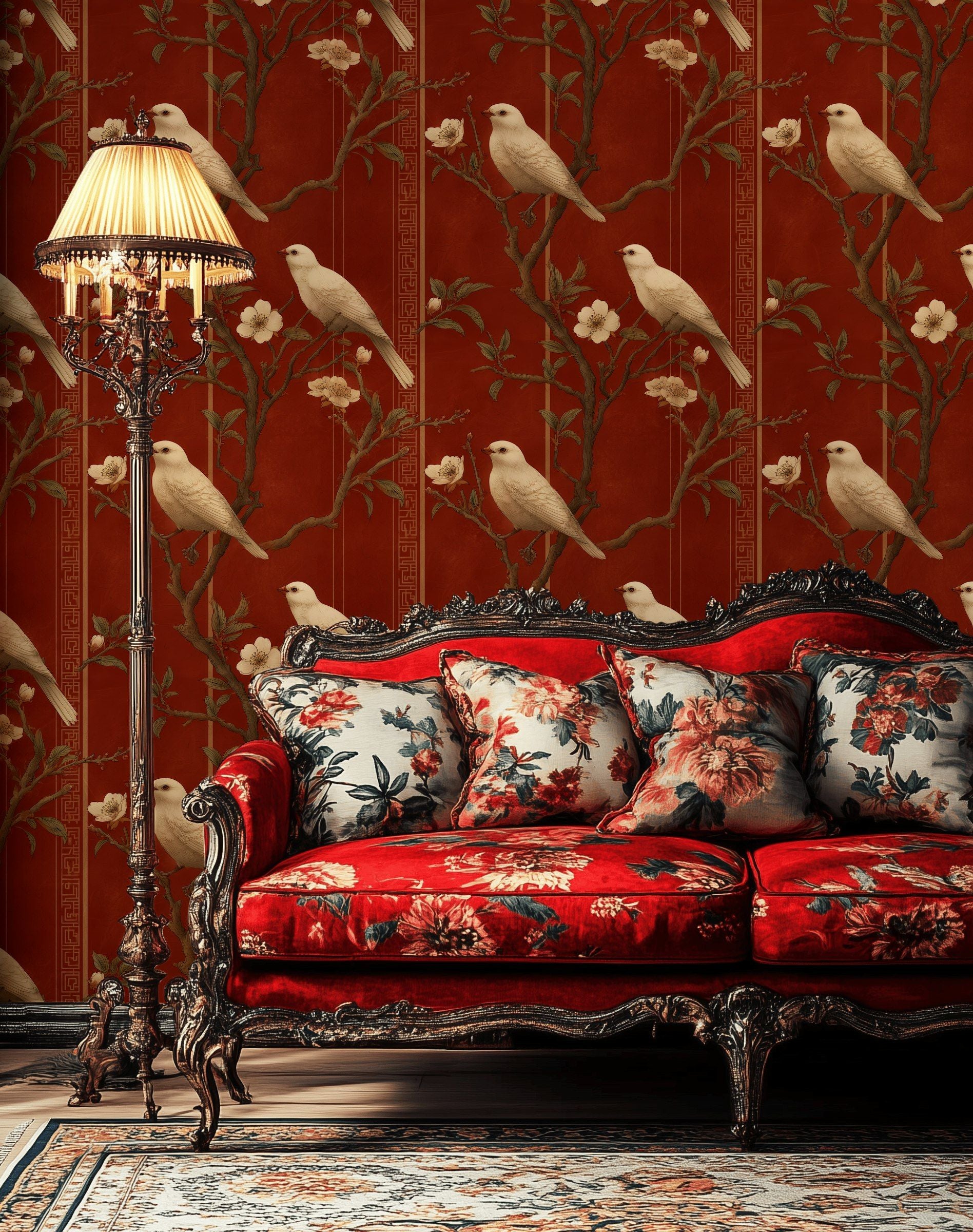 Rich Mahogany Bird and Vintage Floral Wallpaper