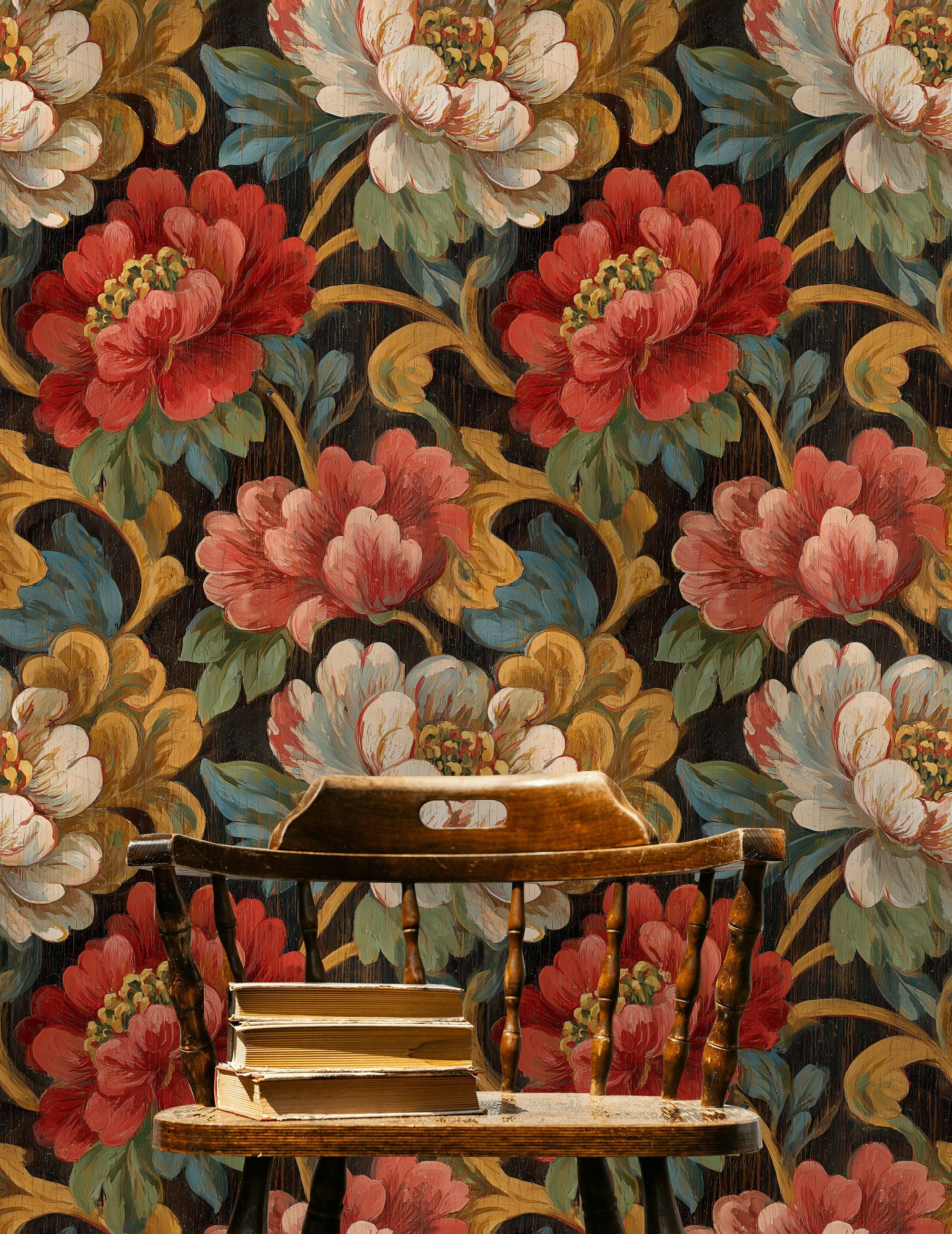 Black and Red Large Floral Wallpaper