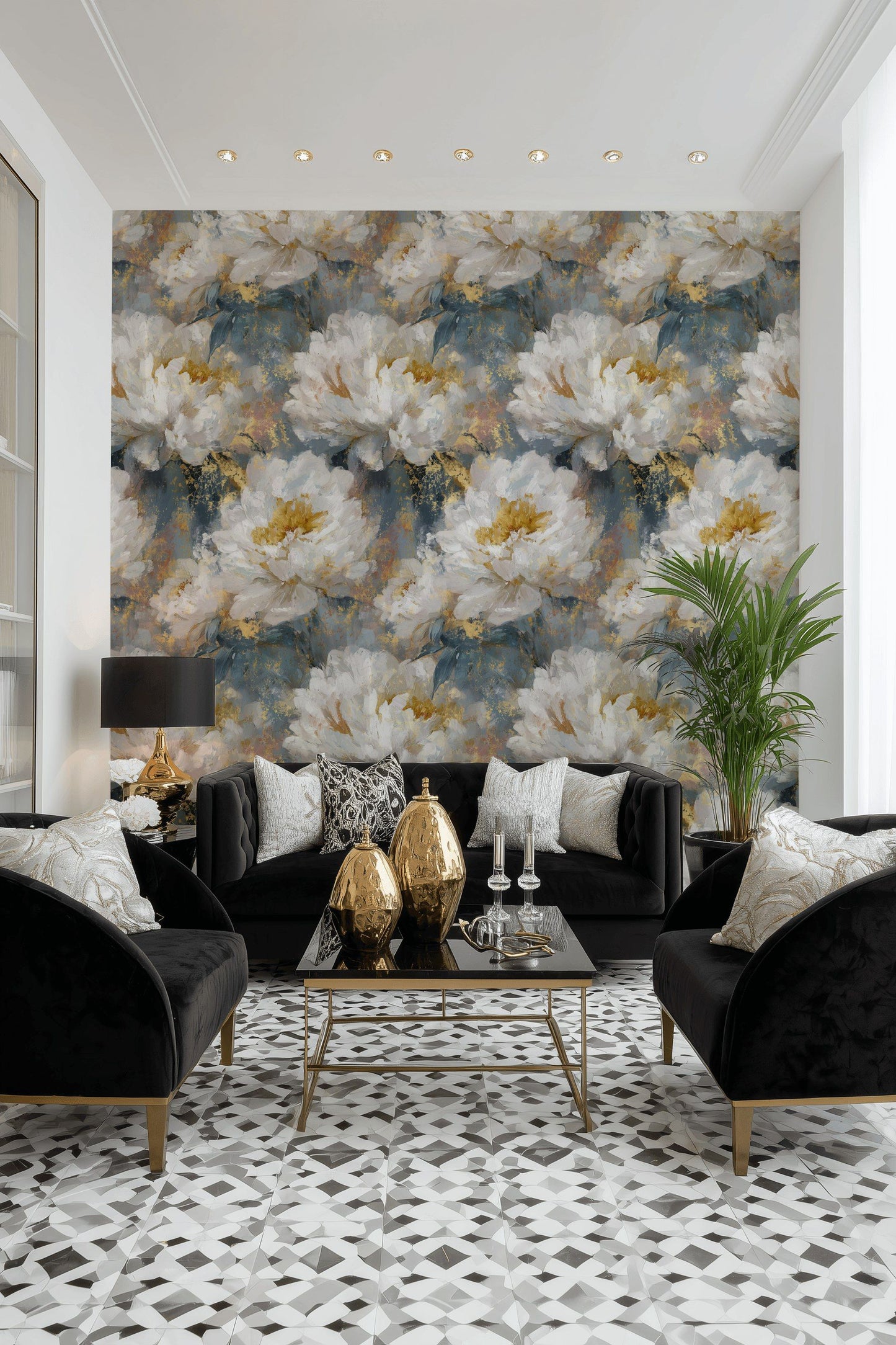 White Peony Wallpaper Blue And Gold Floral Wall Mural