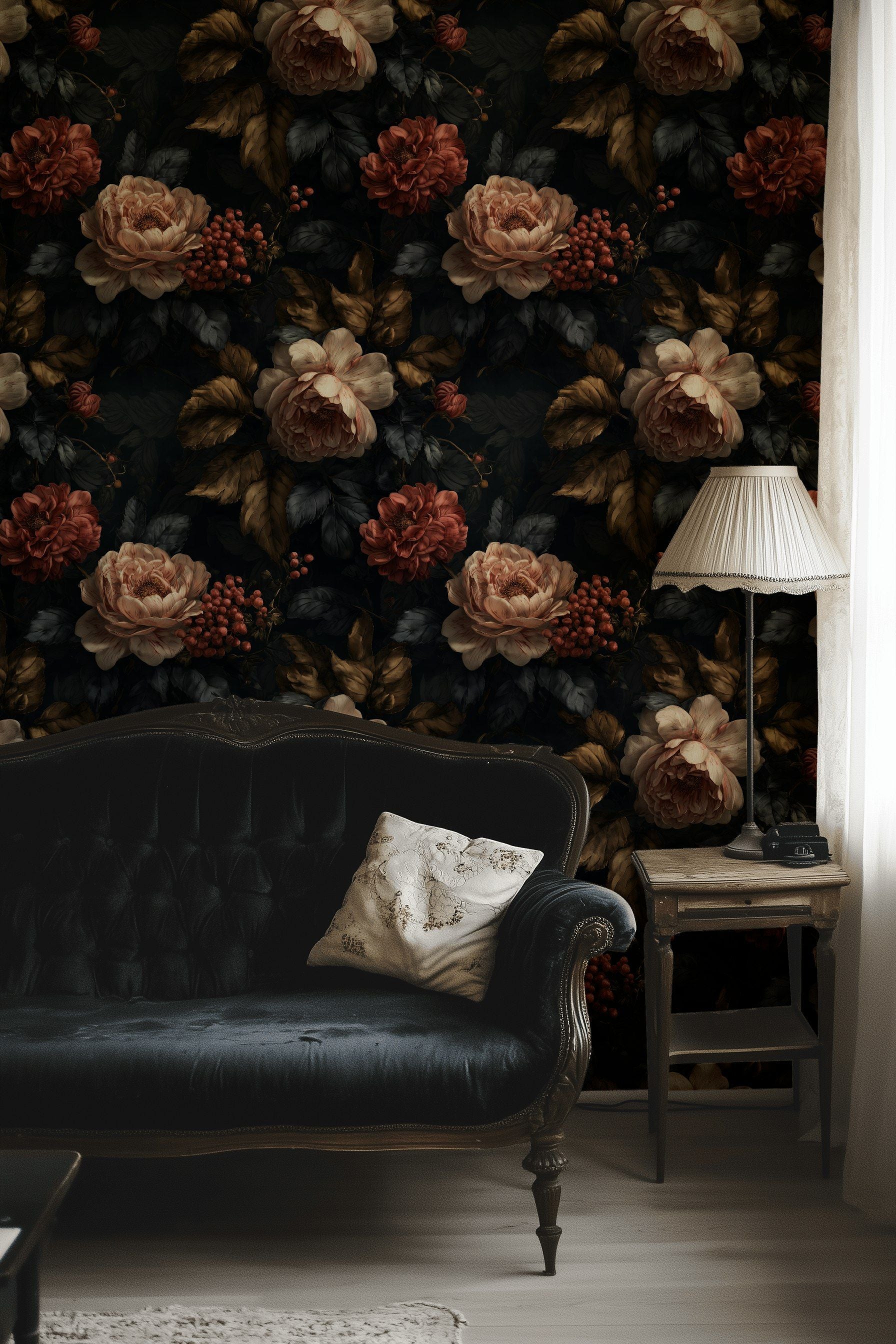 Dark Midnight Burgundy Rose Floral Wallpaper