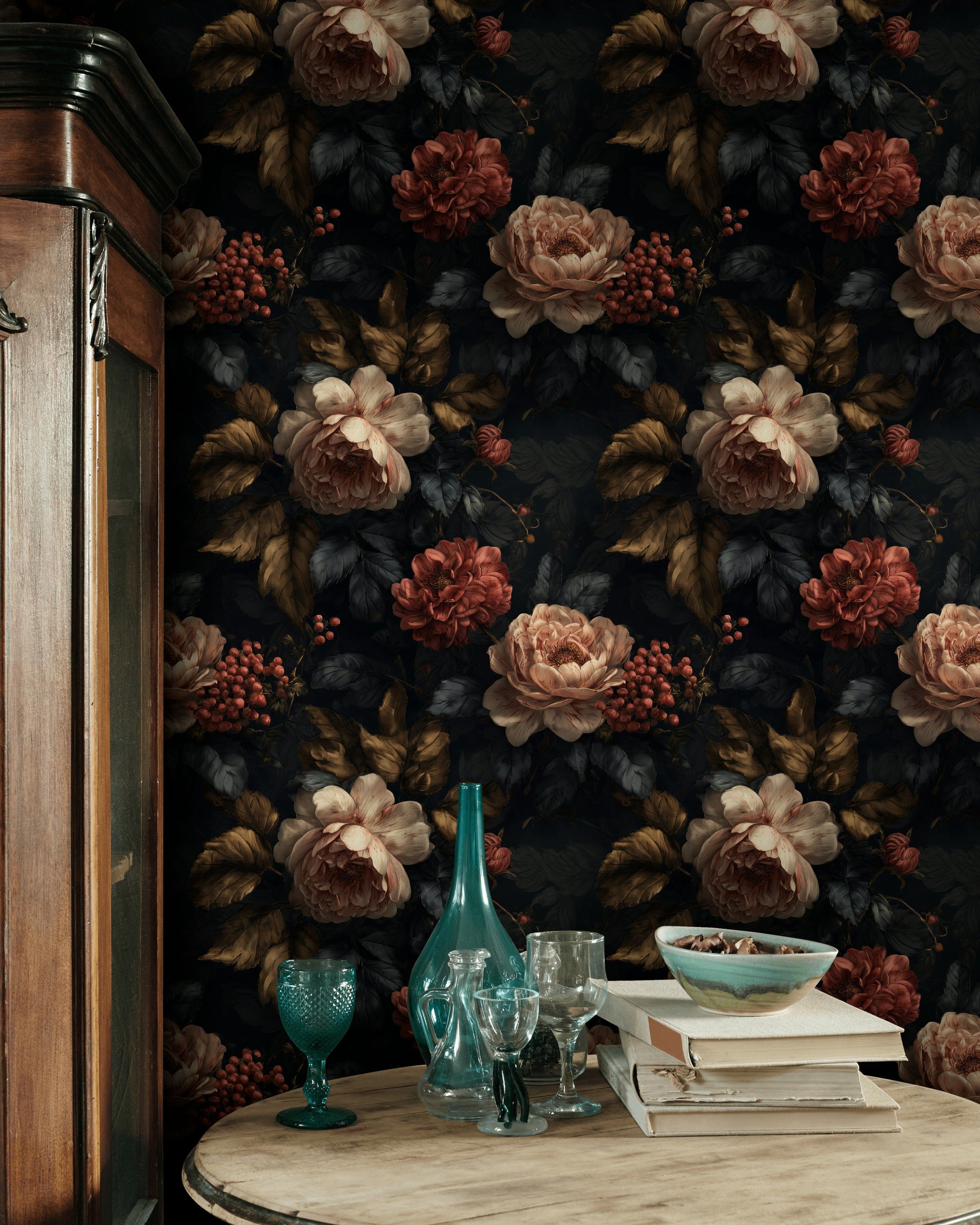 Dark Midnight Burgundy Rose Floral Wallpaper
