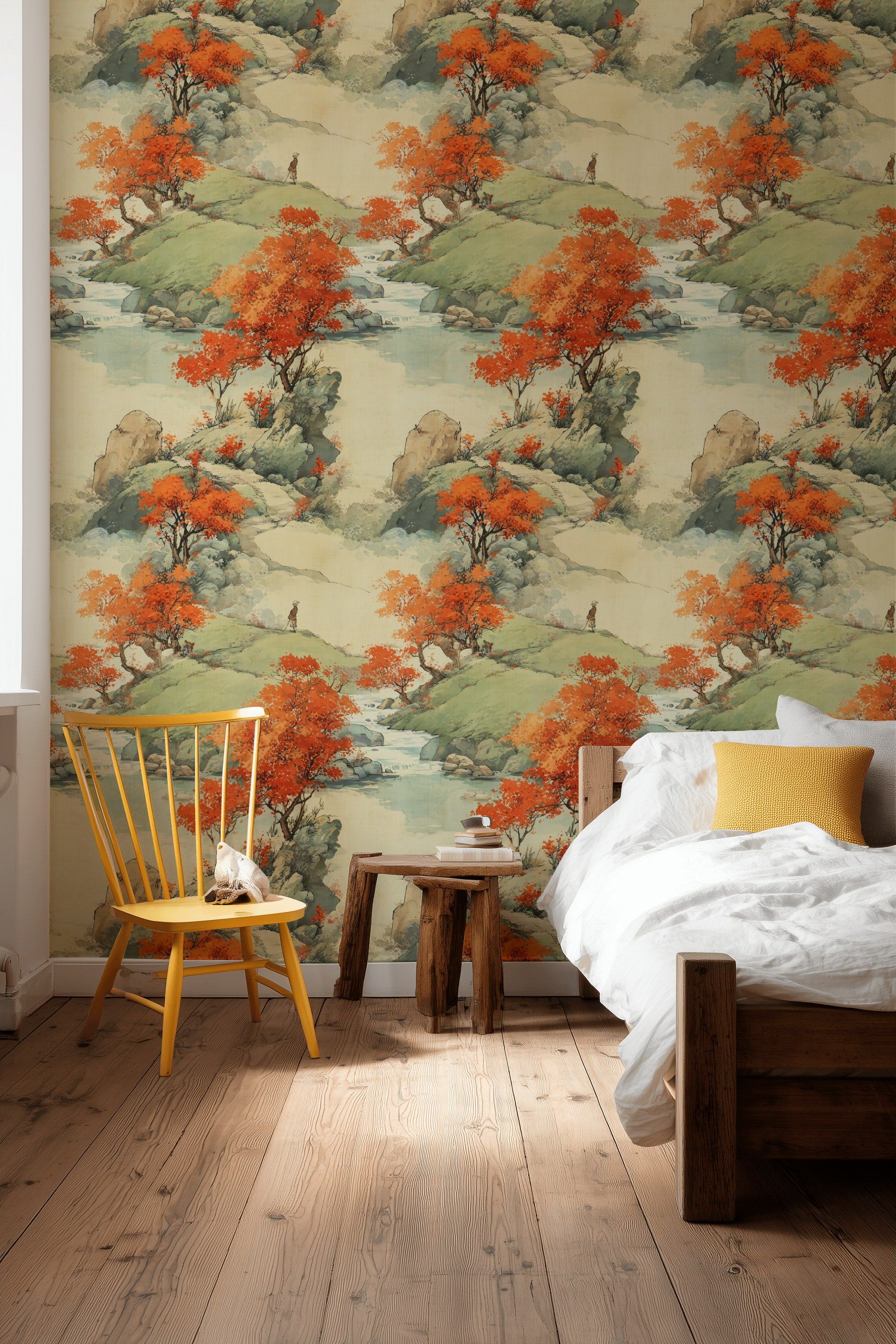 Beige and Orange Japanese Landscape Wallpaper