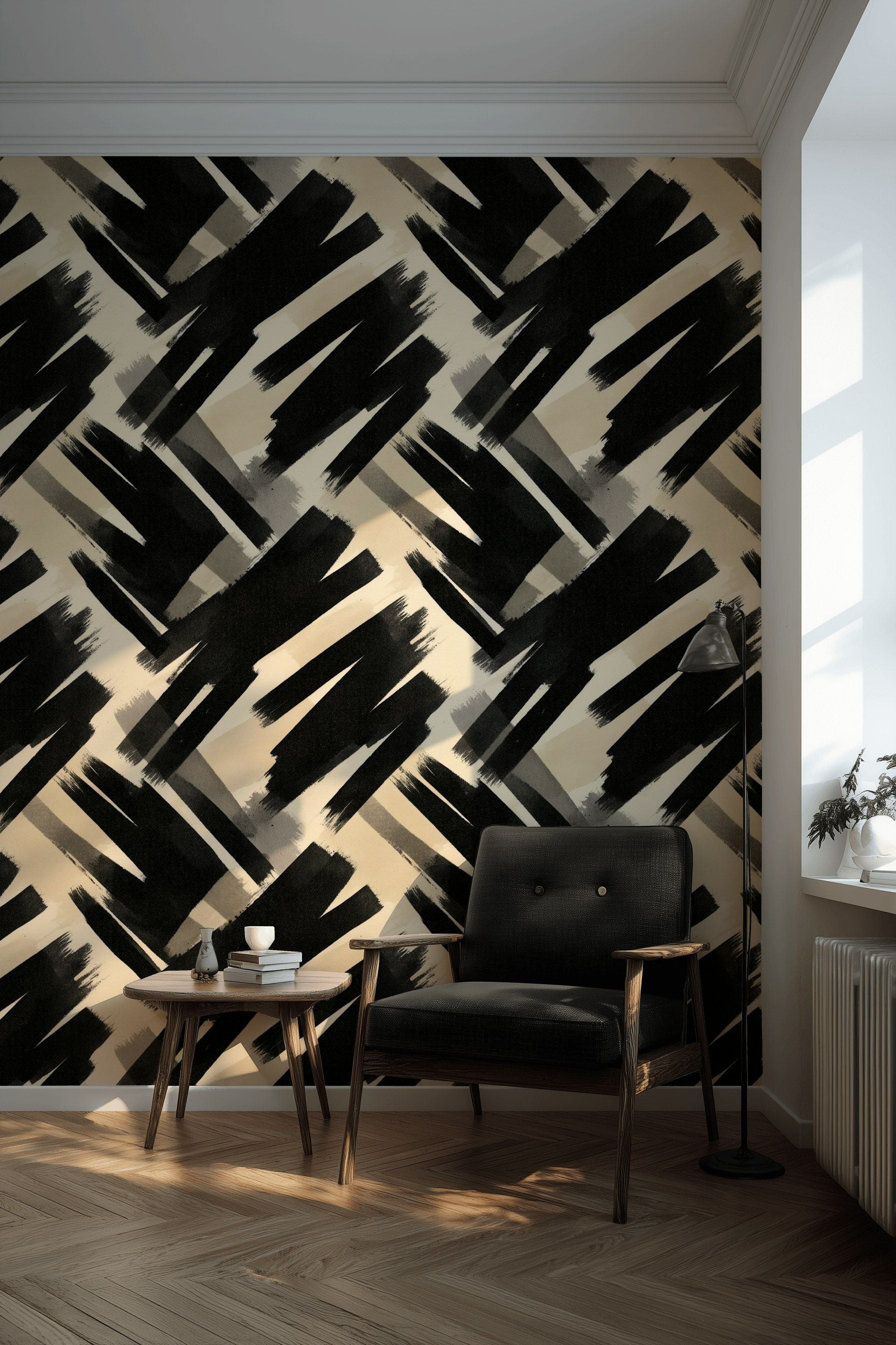 Bold Black Brushstroke Abstract Wallpaper