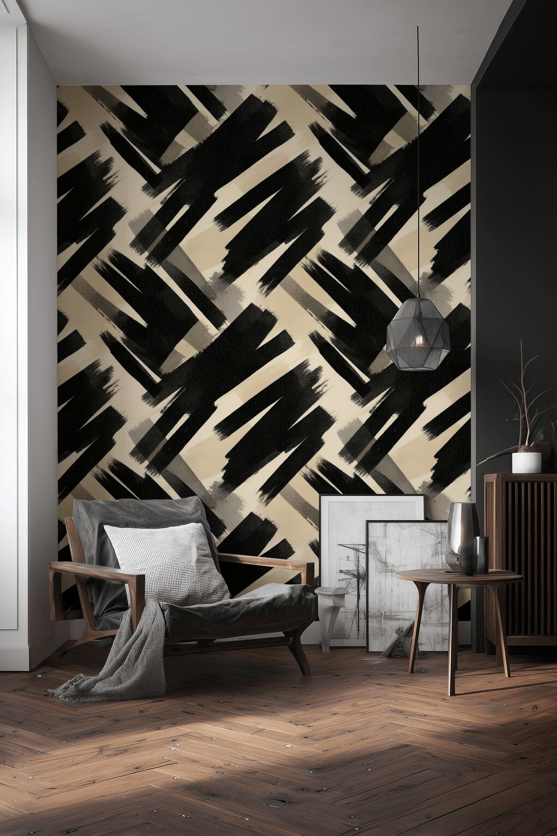 Bold Black Brushstroke Abstract Wallpaper
