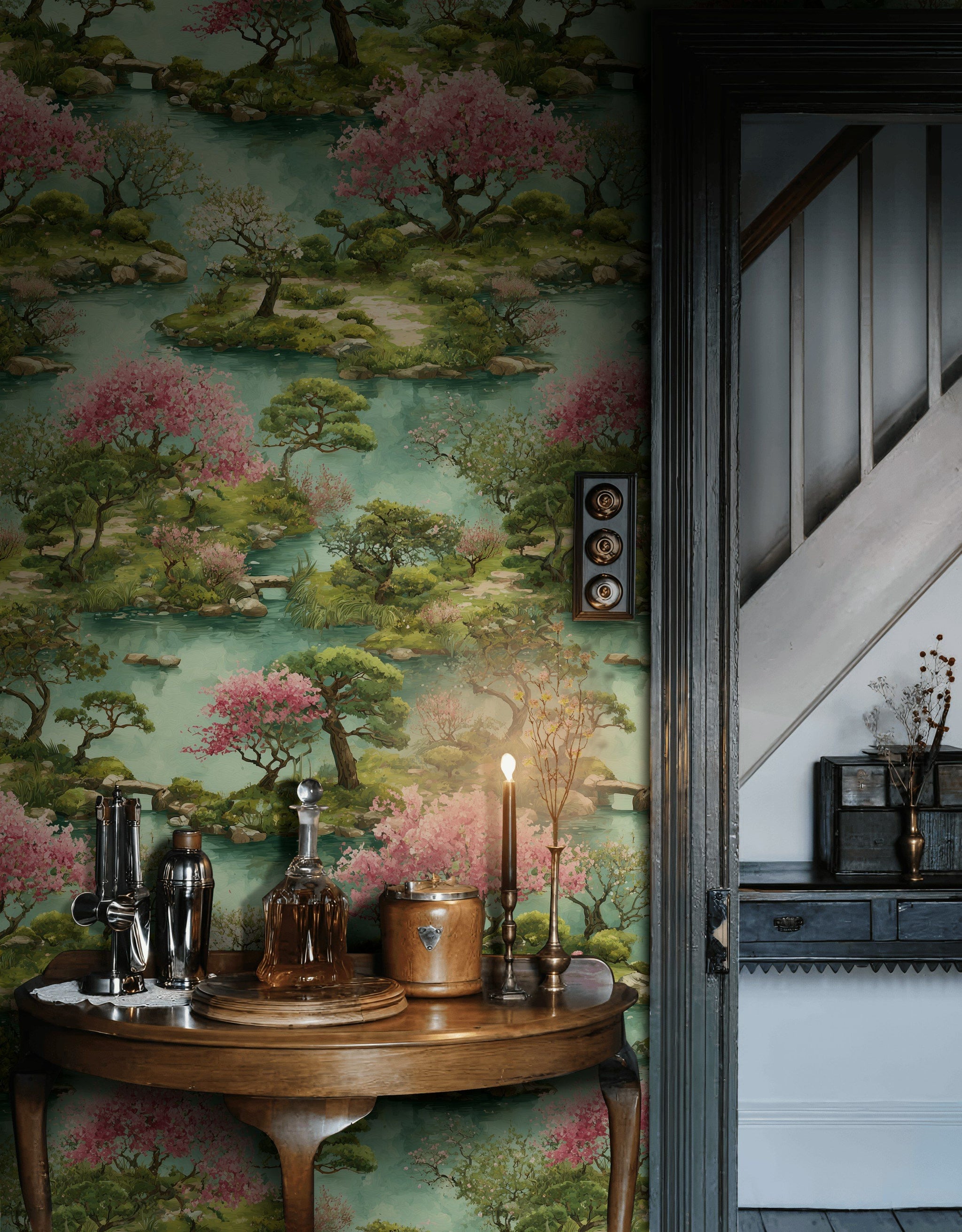 Serene Chinoiserie Cherry Blossom Landscape Wallpaper