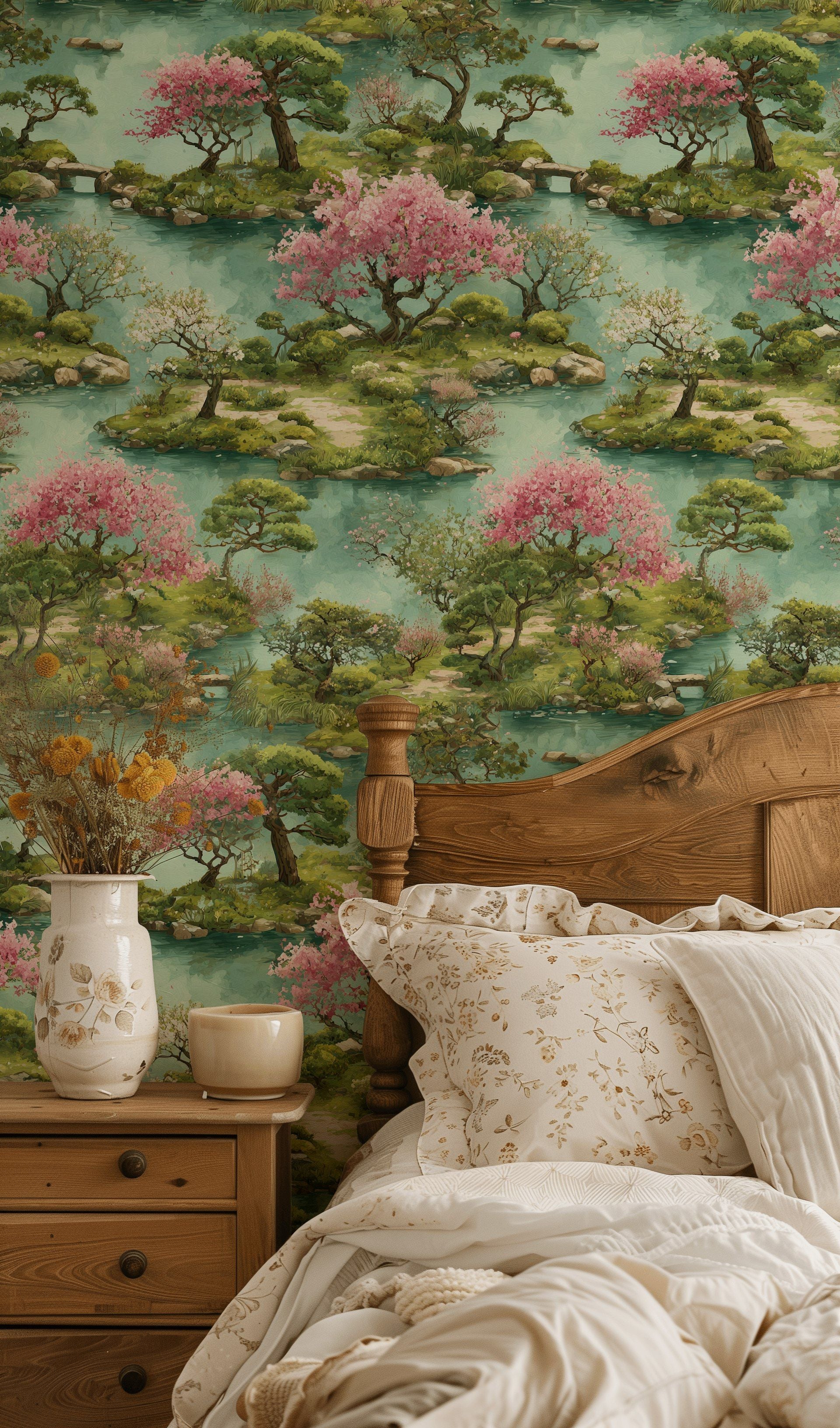 Serene Chinoiserie Cherry Blossom Landscape Wallpaper