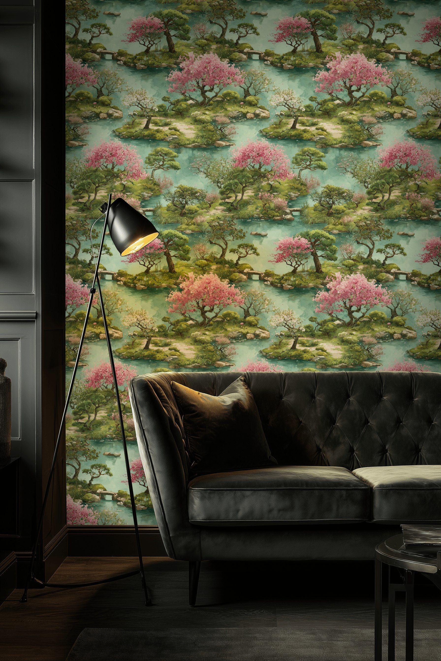 Serene Chinoiserie Cherry Blossom Landscape Wallpaper