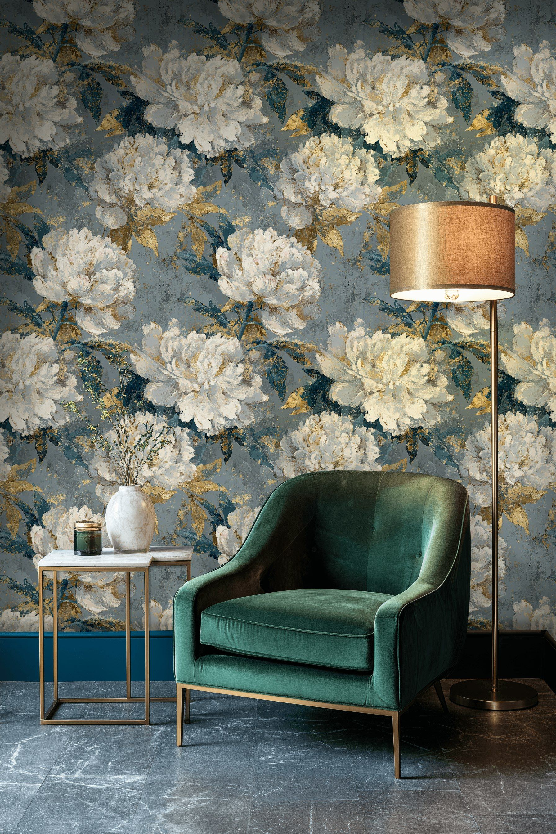 Dark Blue and Gold Look Peony Floral Wallpaper