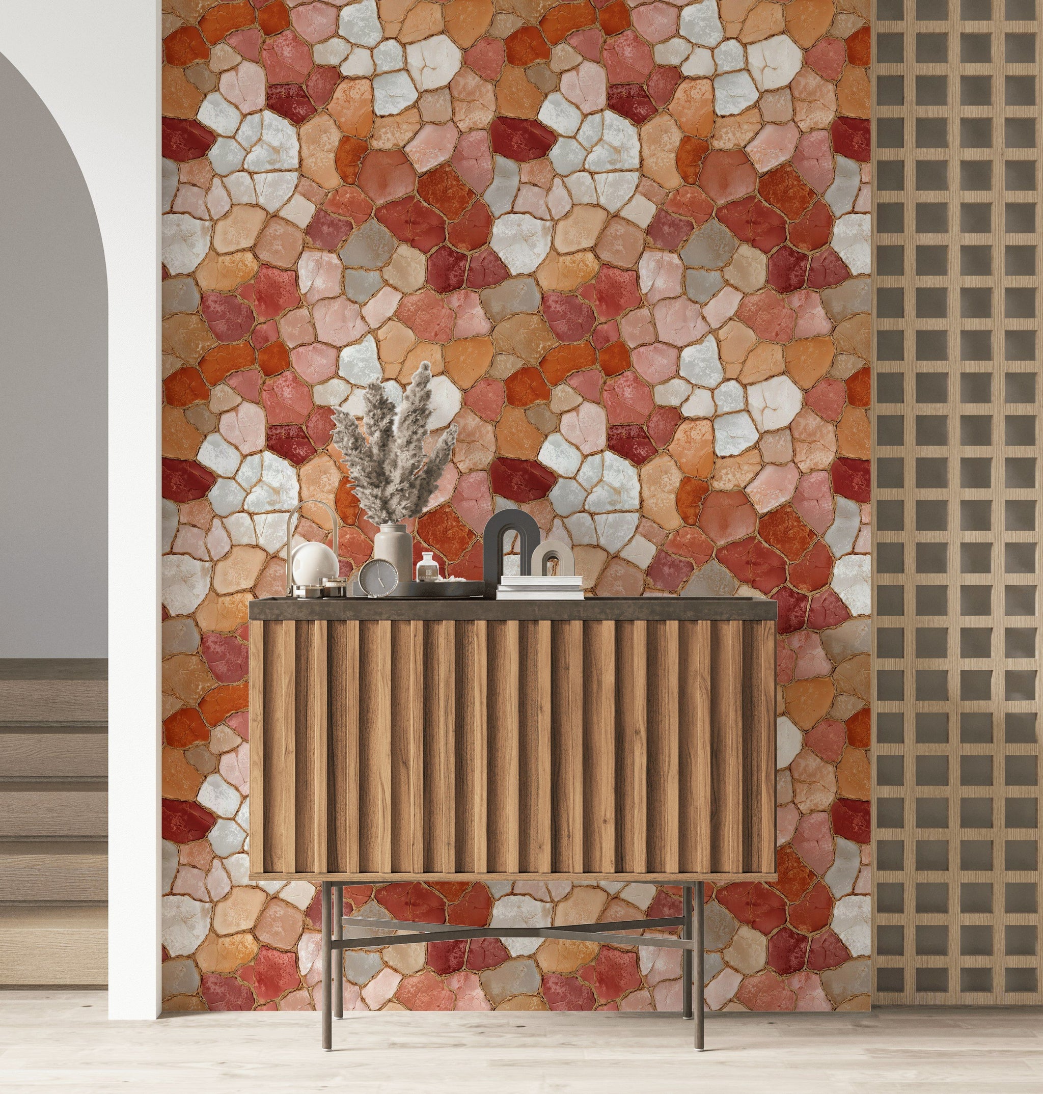 Terracotta Mosaic Stone Pattern Wallpaper