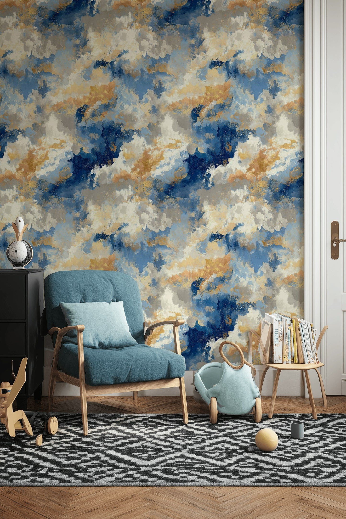 Cloudscape Wallpaper Blue Gold Abstract Decorative Mural