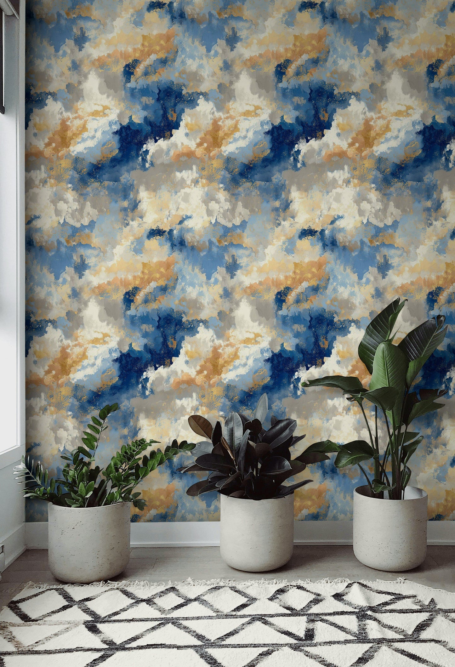 Cloudscape Wallpaper Blue Gold Abstract Decorative Mural
