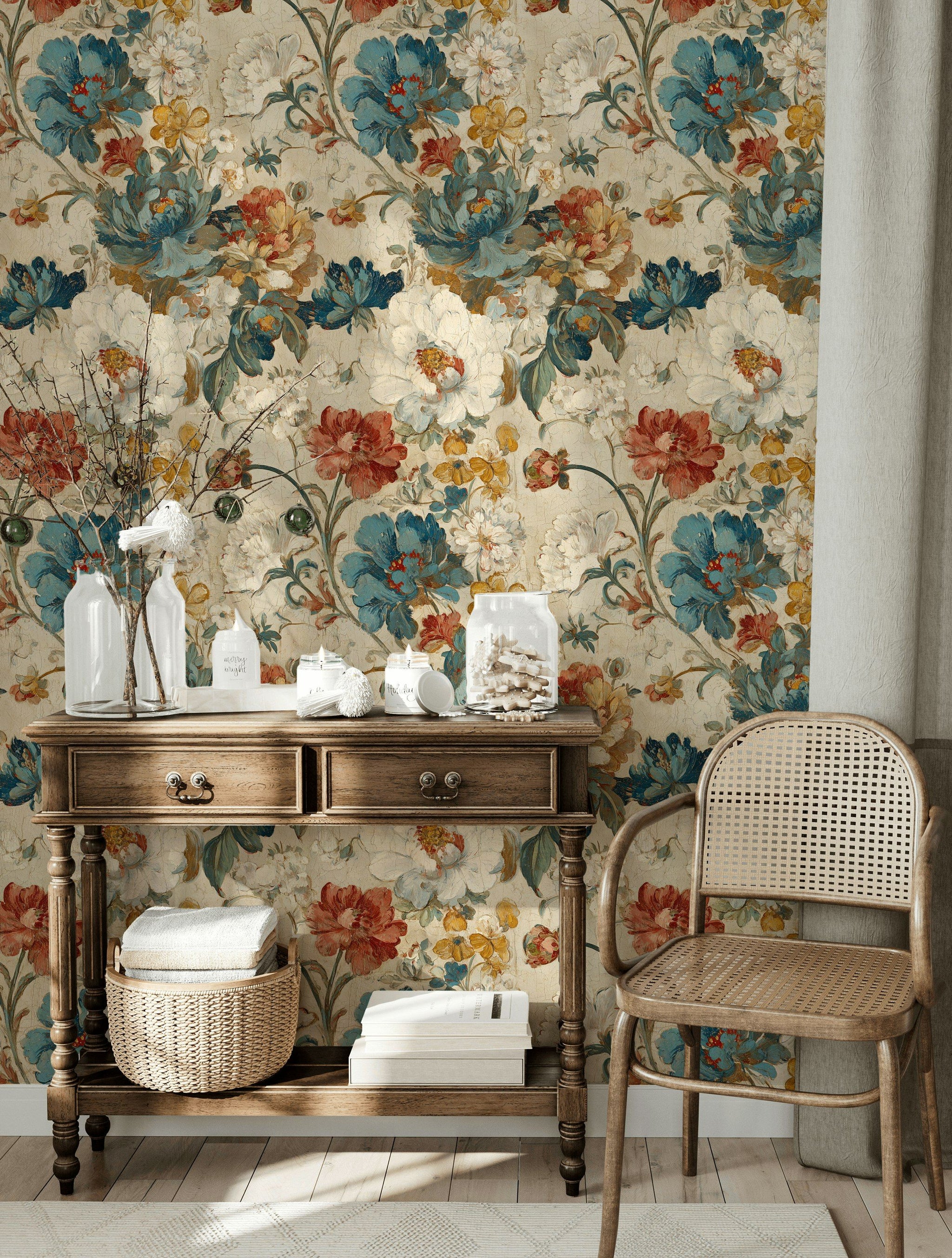 Vintage Multicolor Large Floral Pattern Wallpaper