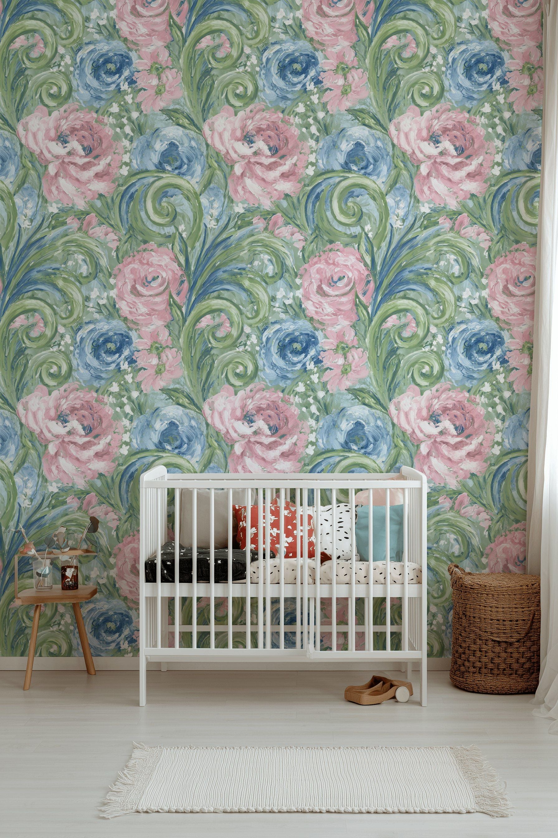 Pink and Blue Large Floral Pattern Wallpaper