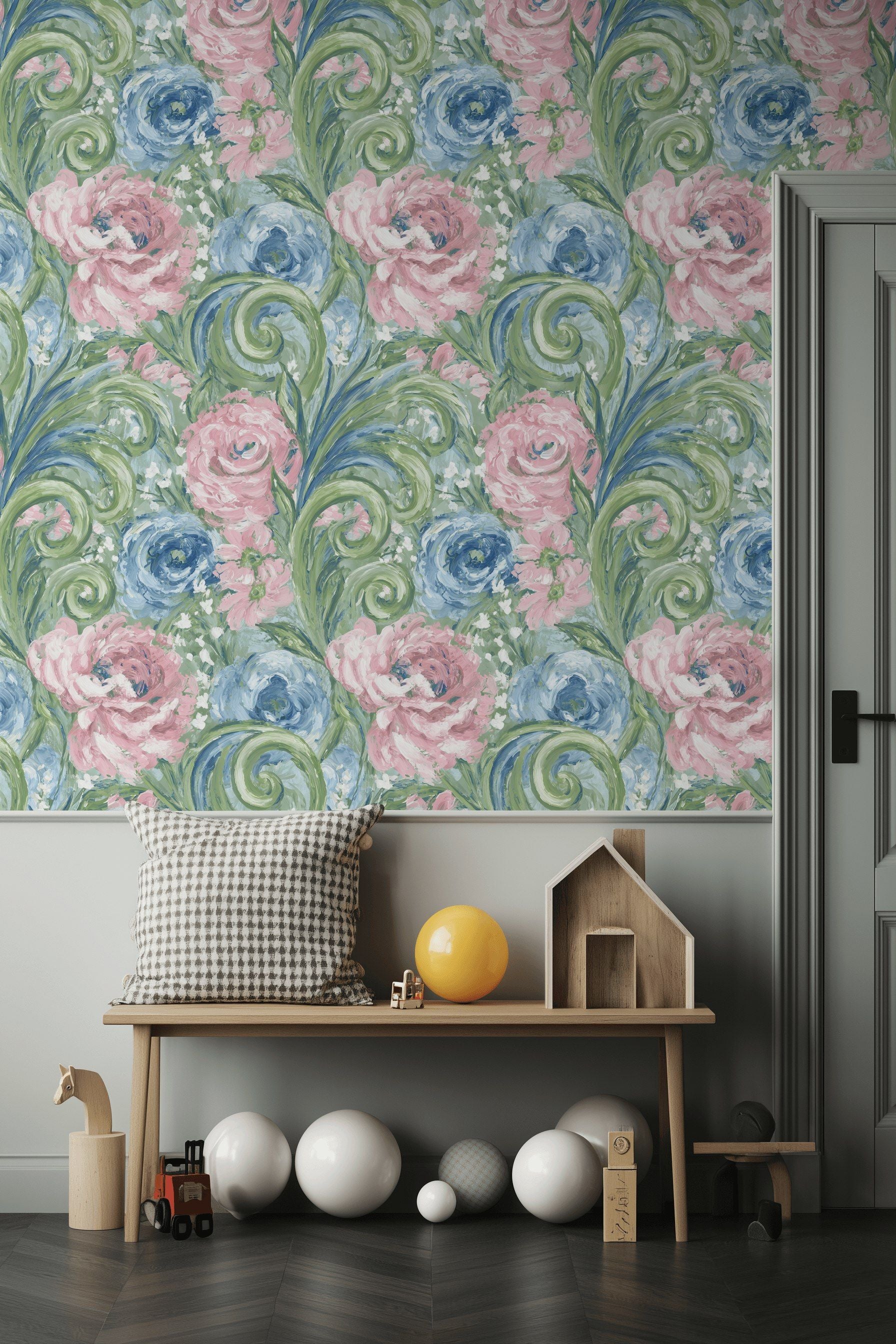 Pink and Blue Large Floral Pattern Wallpaper