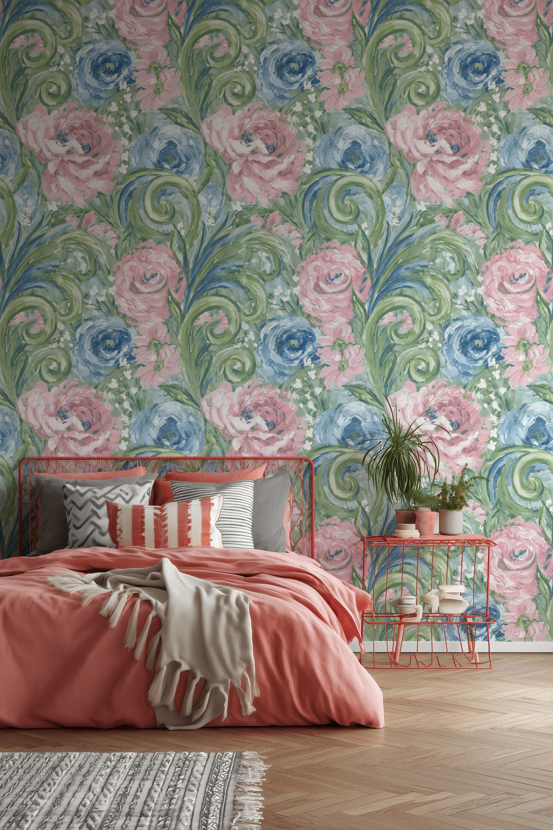 Pink and Blue Large Floral Pattern Wallpaper