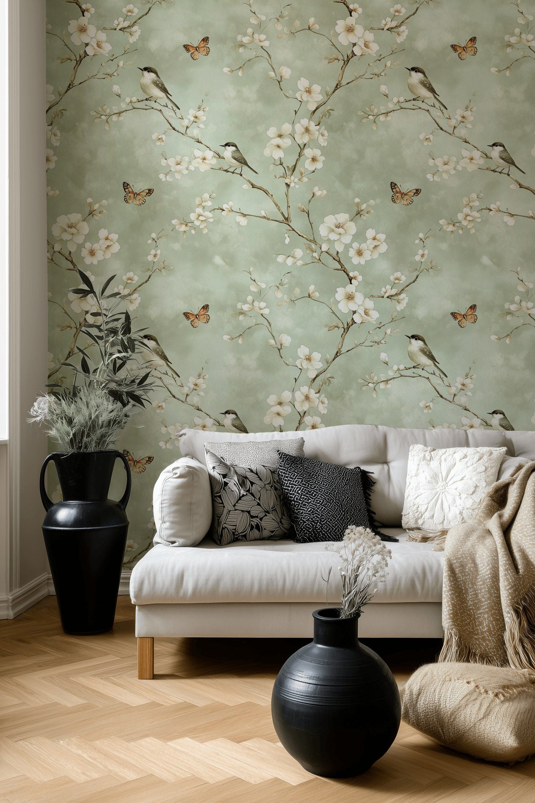 Soft Sage Green Cherry Blossom Bird Wallpaper