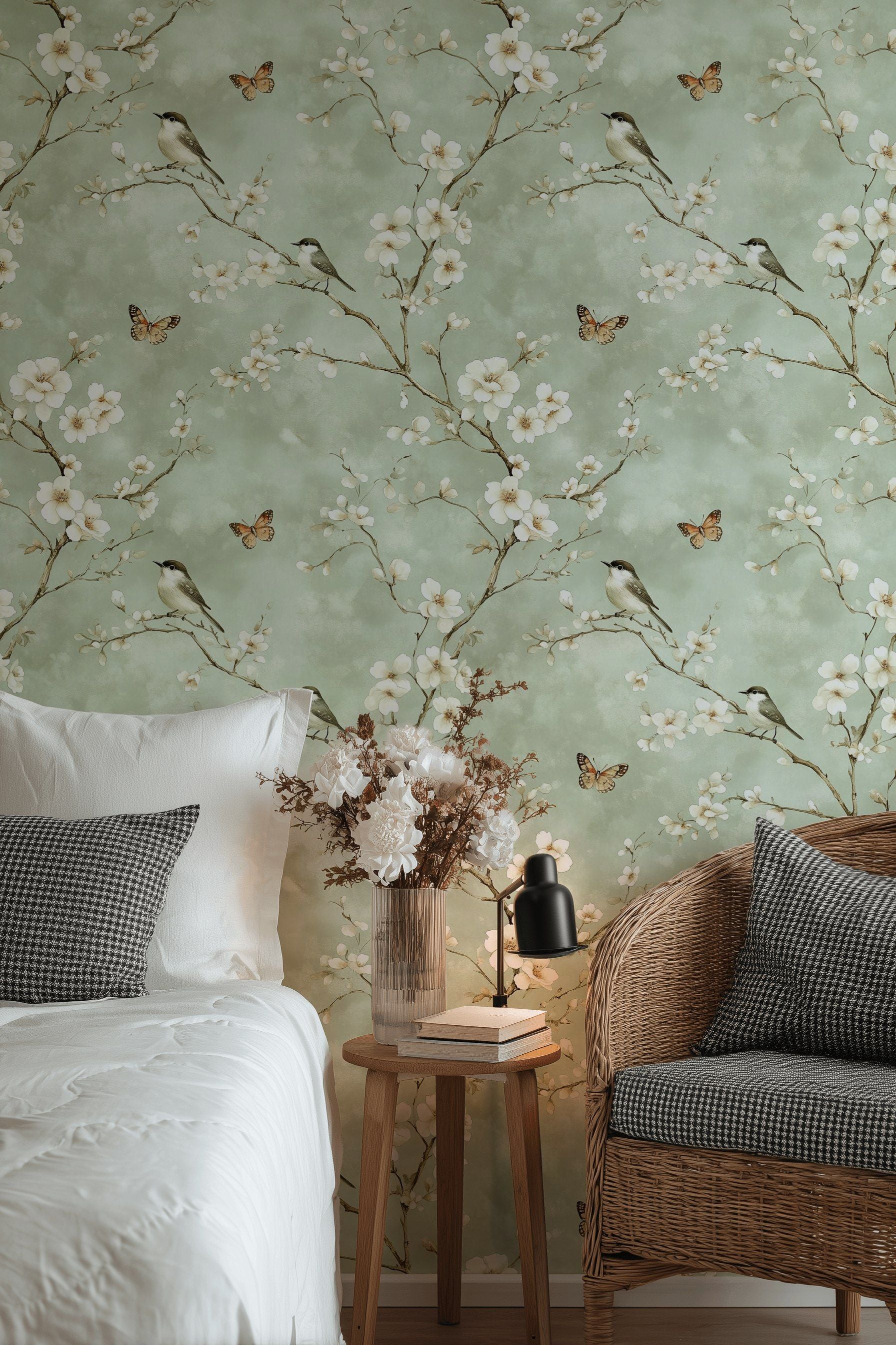 Soft Sage Green Cherry Blossom Bird Wallpaper