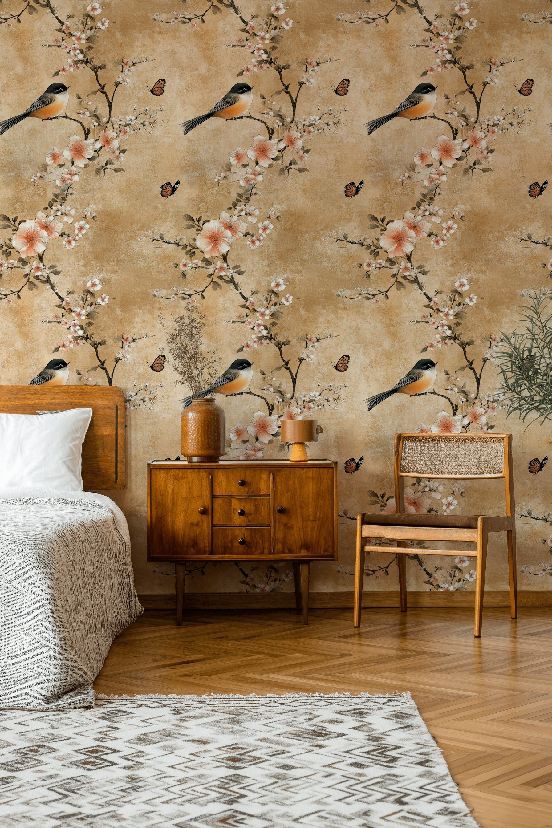 Warm Beige Cherry Blossom and Bird Wallpaper