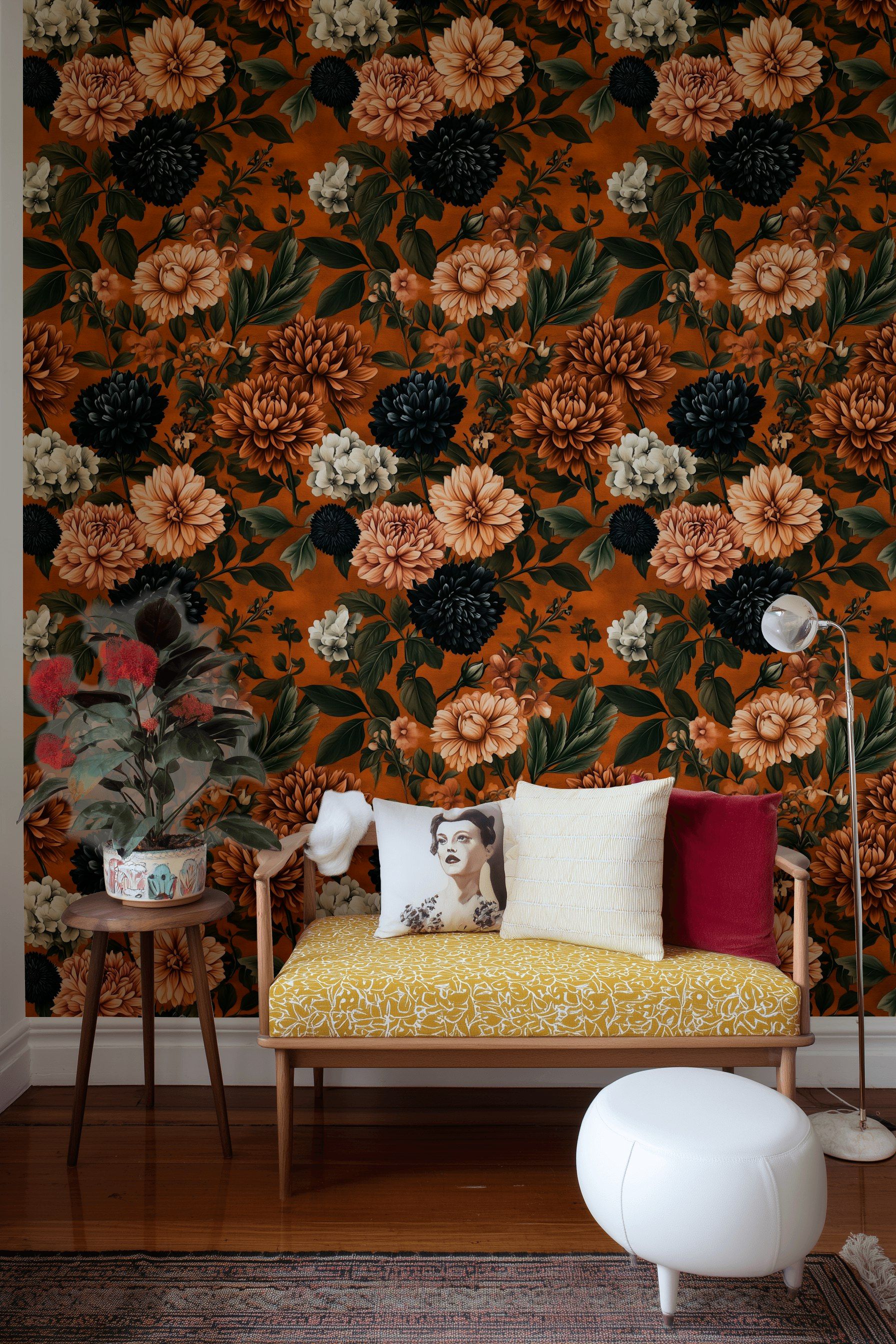 Burnt Orange Bold Floral Pattern Wallpaper