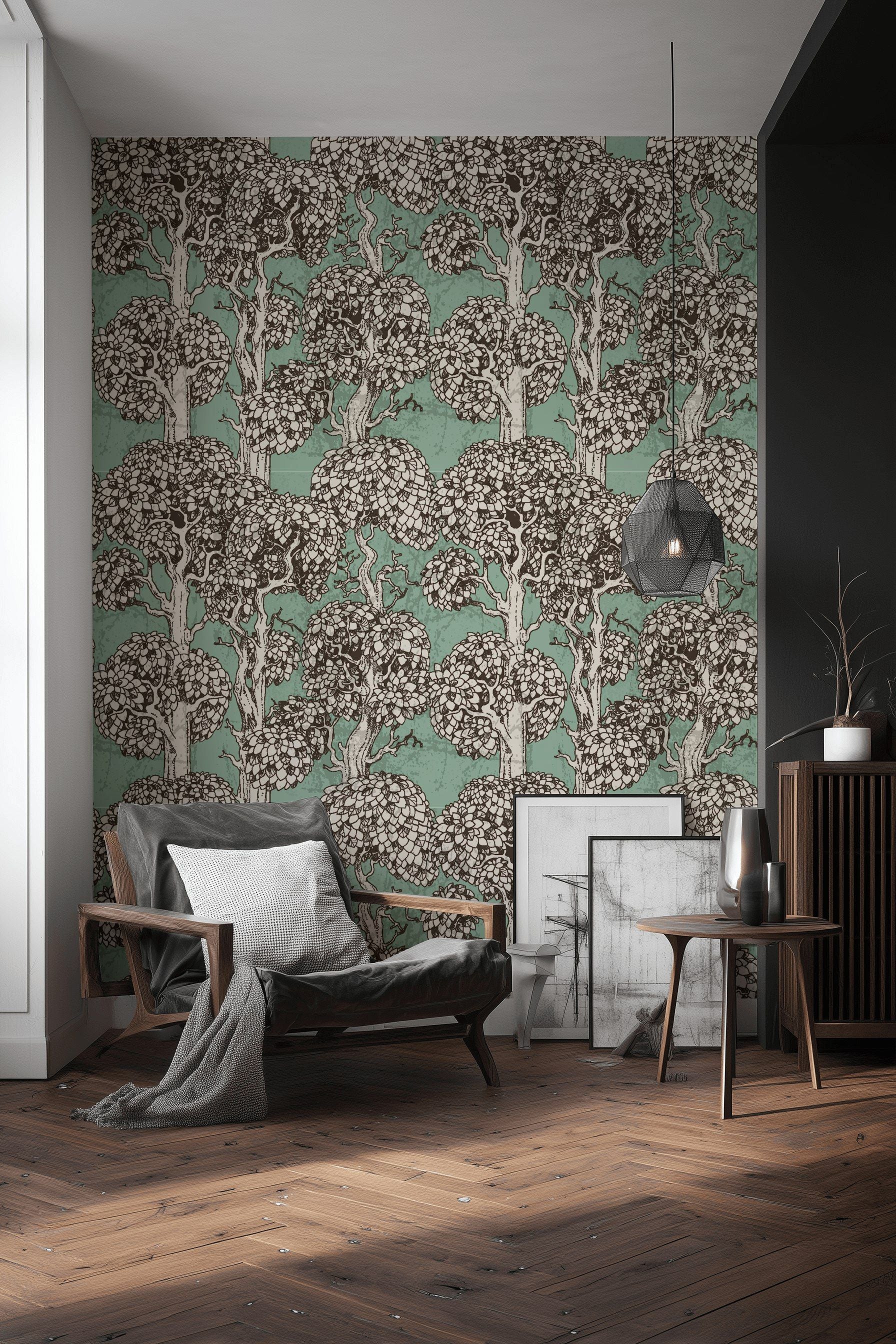 Mint Green Vintage Tree Pattern Wallpaper