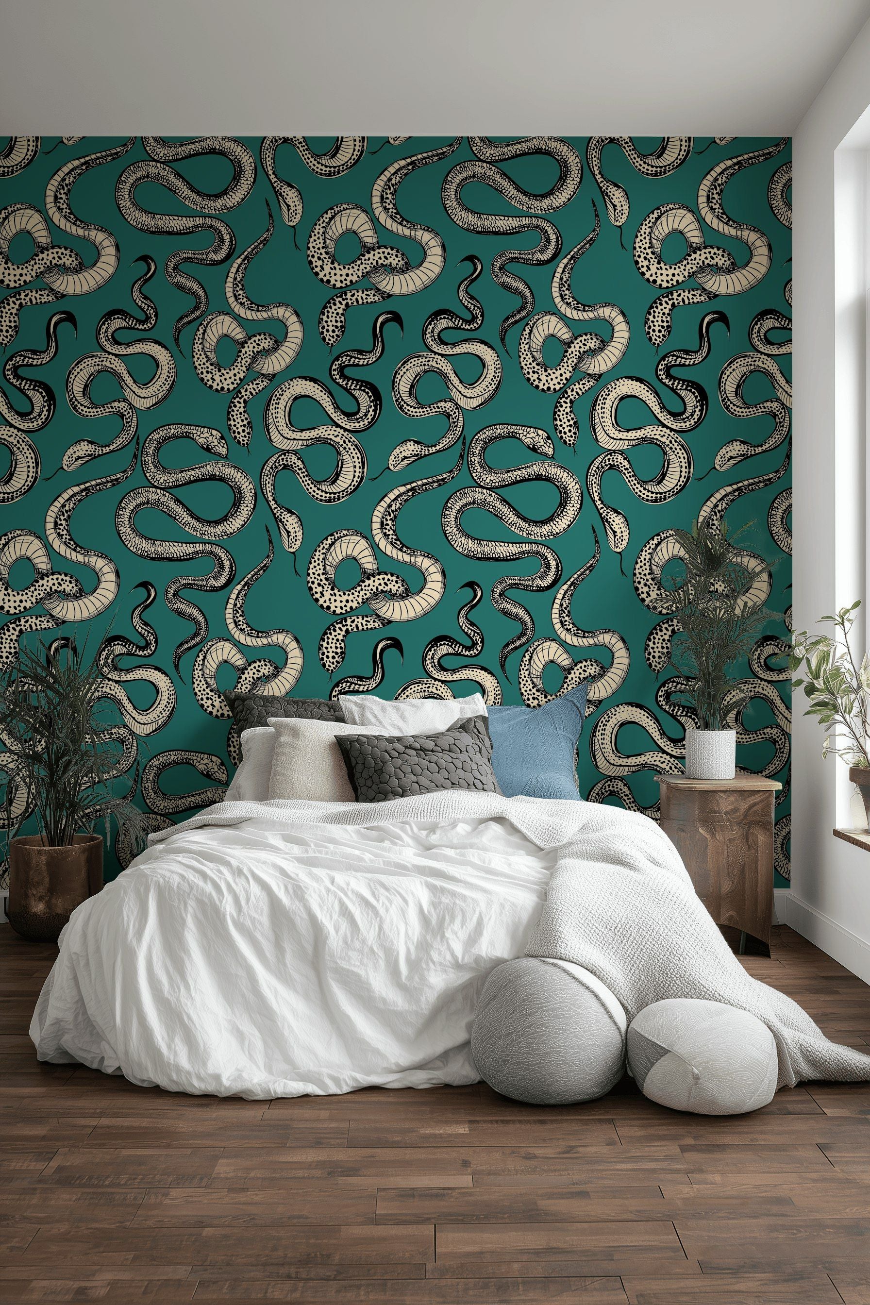 Bold Teal and Beige Snake Pattern Wallpaper