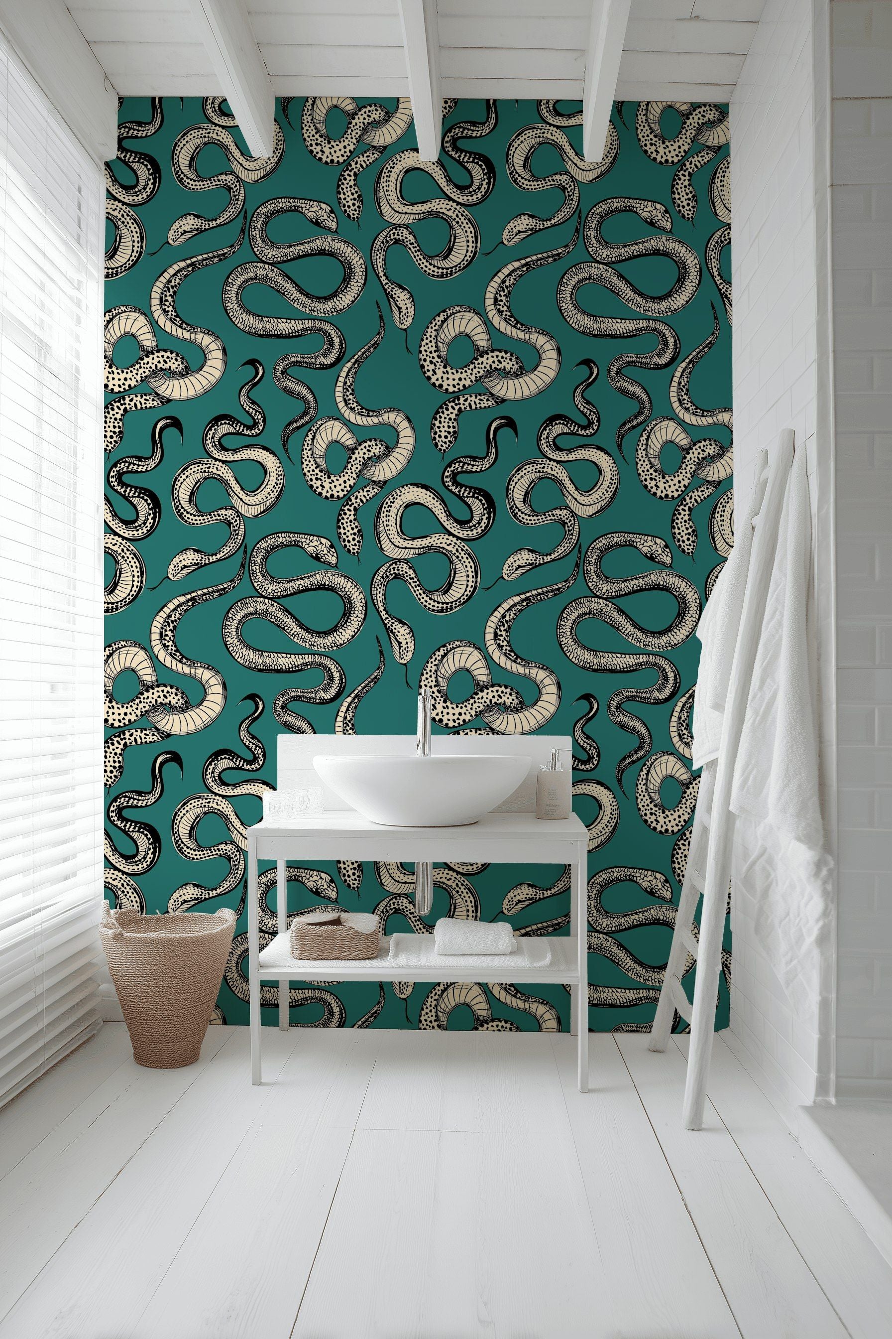 Bold Teal and Beige Snake Pattern Wallpaper