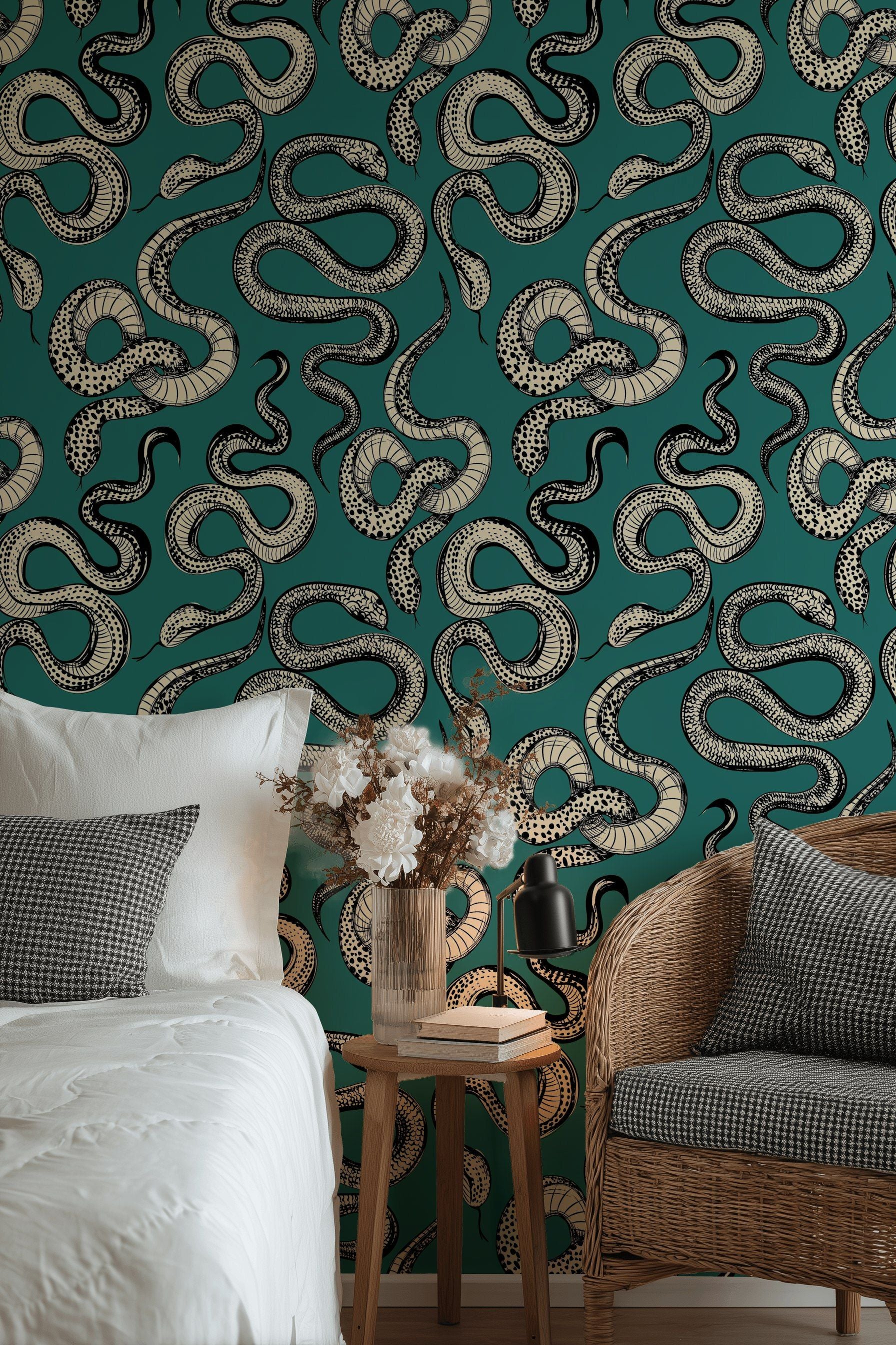Bold Teal and Beige Snake Pattern Wallpaper