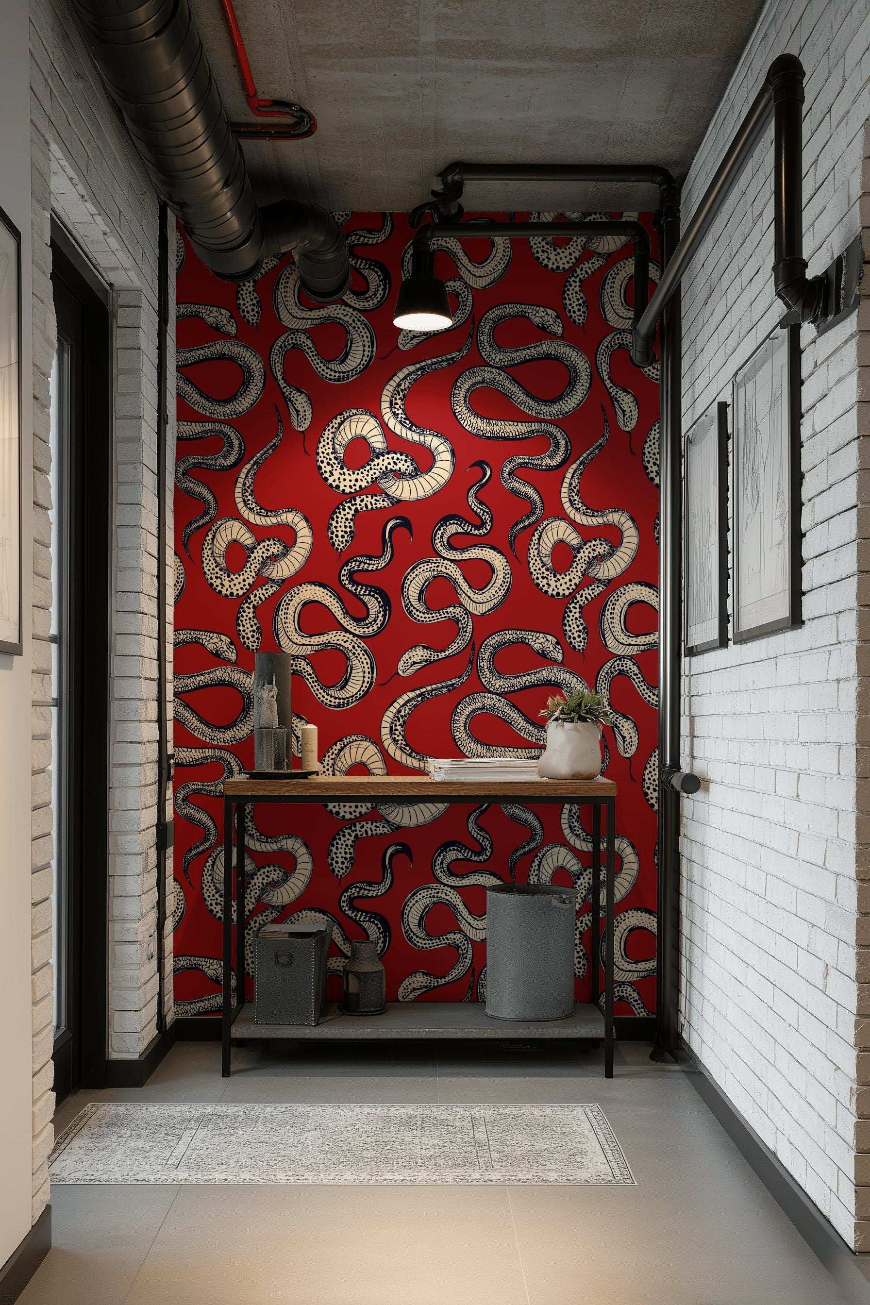 Bold Red and Black Serpentine Design Wallpaper