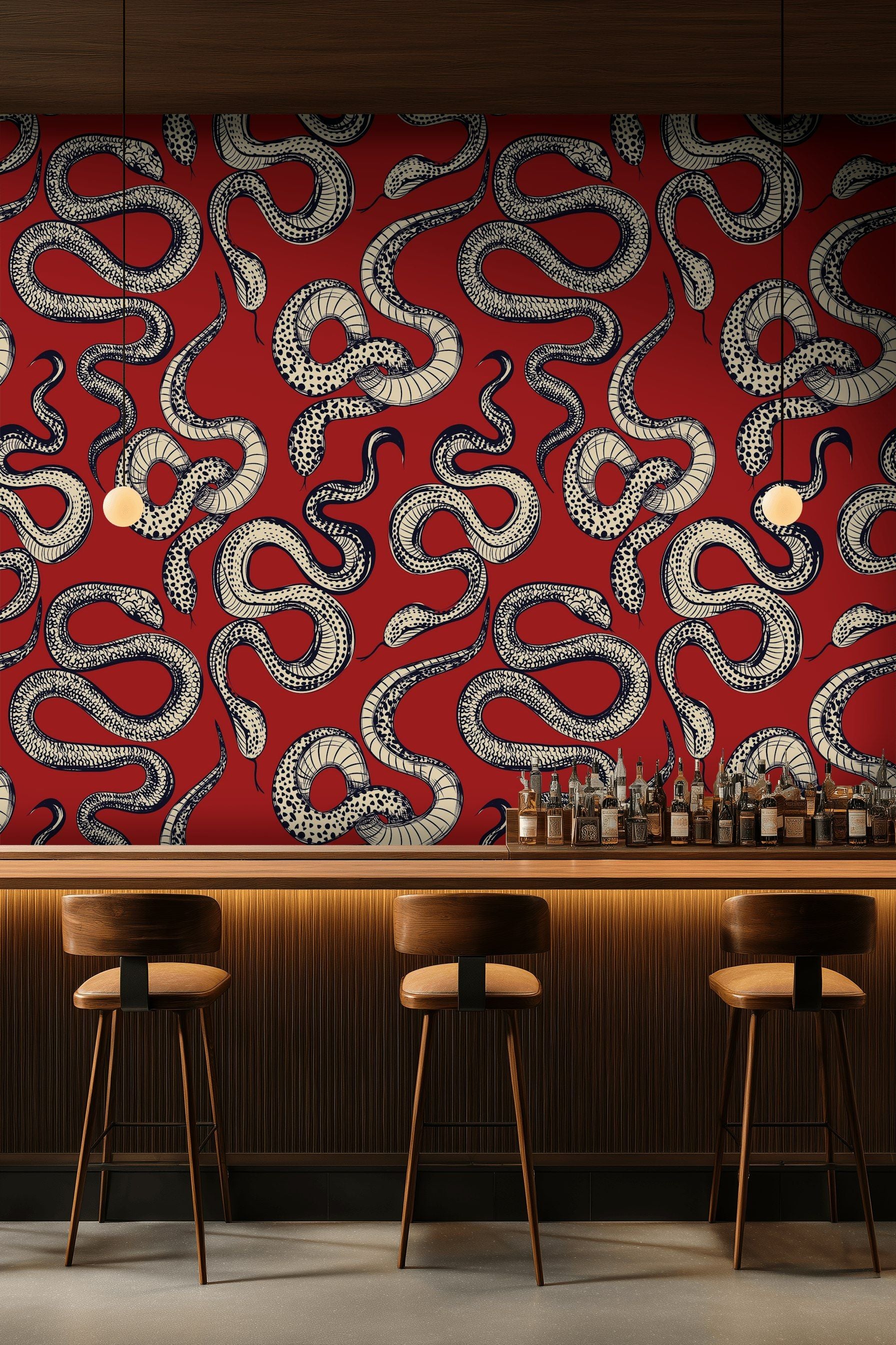Bold Red and Black Serpentine Design Wallpaper