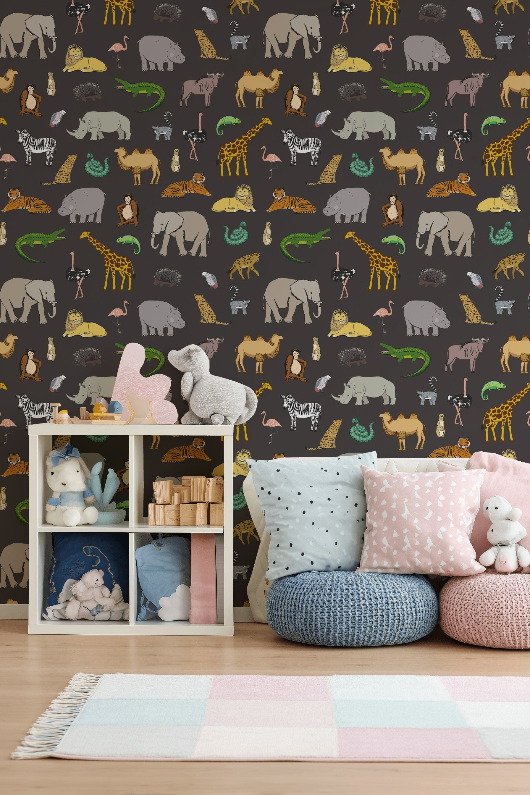 Playful Safari Animal Black Kids Wallpaper