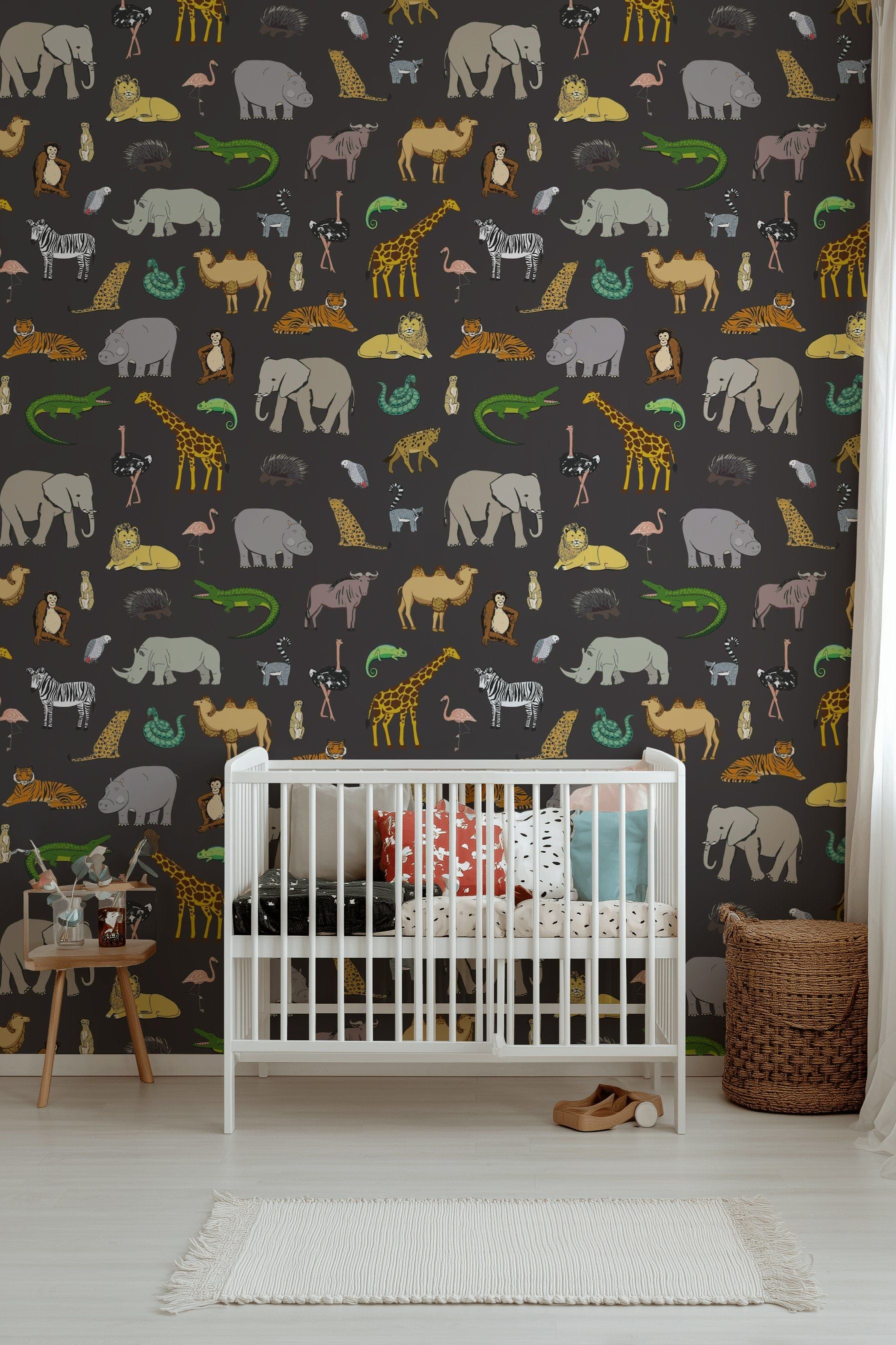 Playful Safari Animal Black Kids Wallpaper
