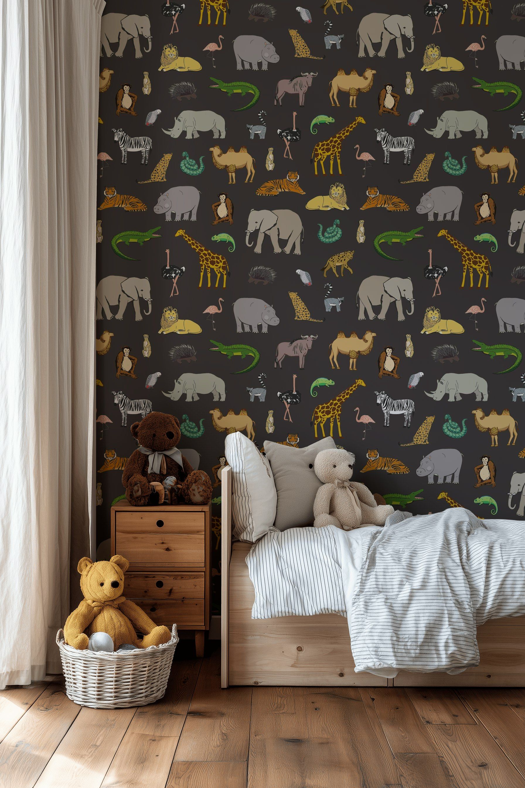 Playful Safari Animal Black Kids Wallpaper