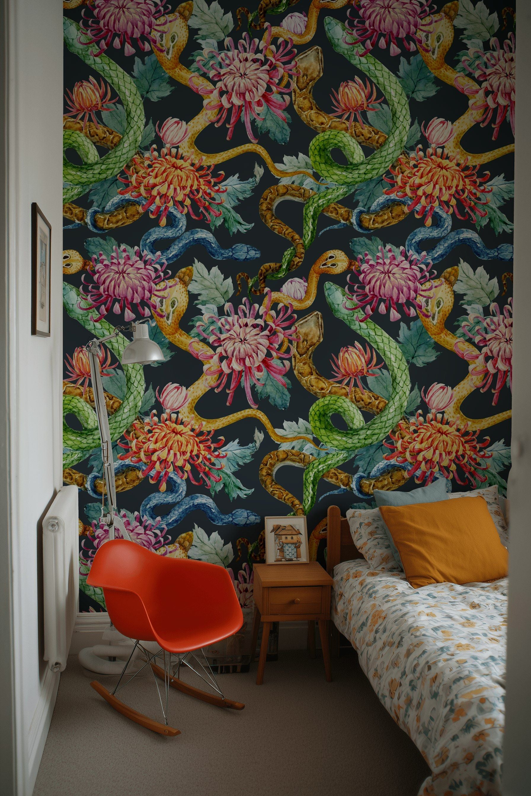 Dark Multicolor Snake and Chrysanthemum Wallpaper