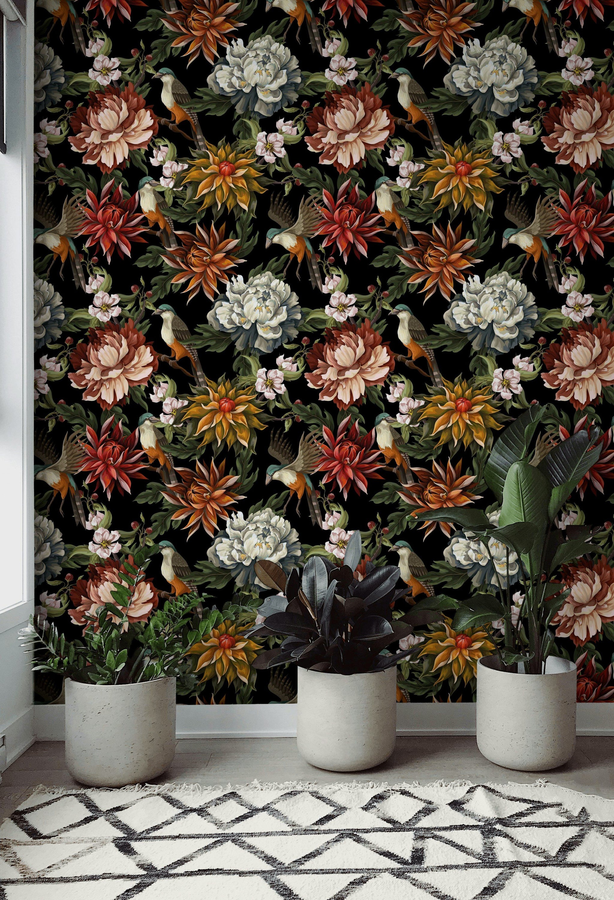 Vibrant Floral and Bird Black Background Wallpaper