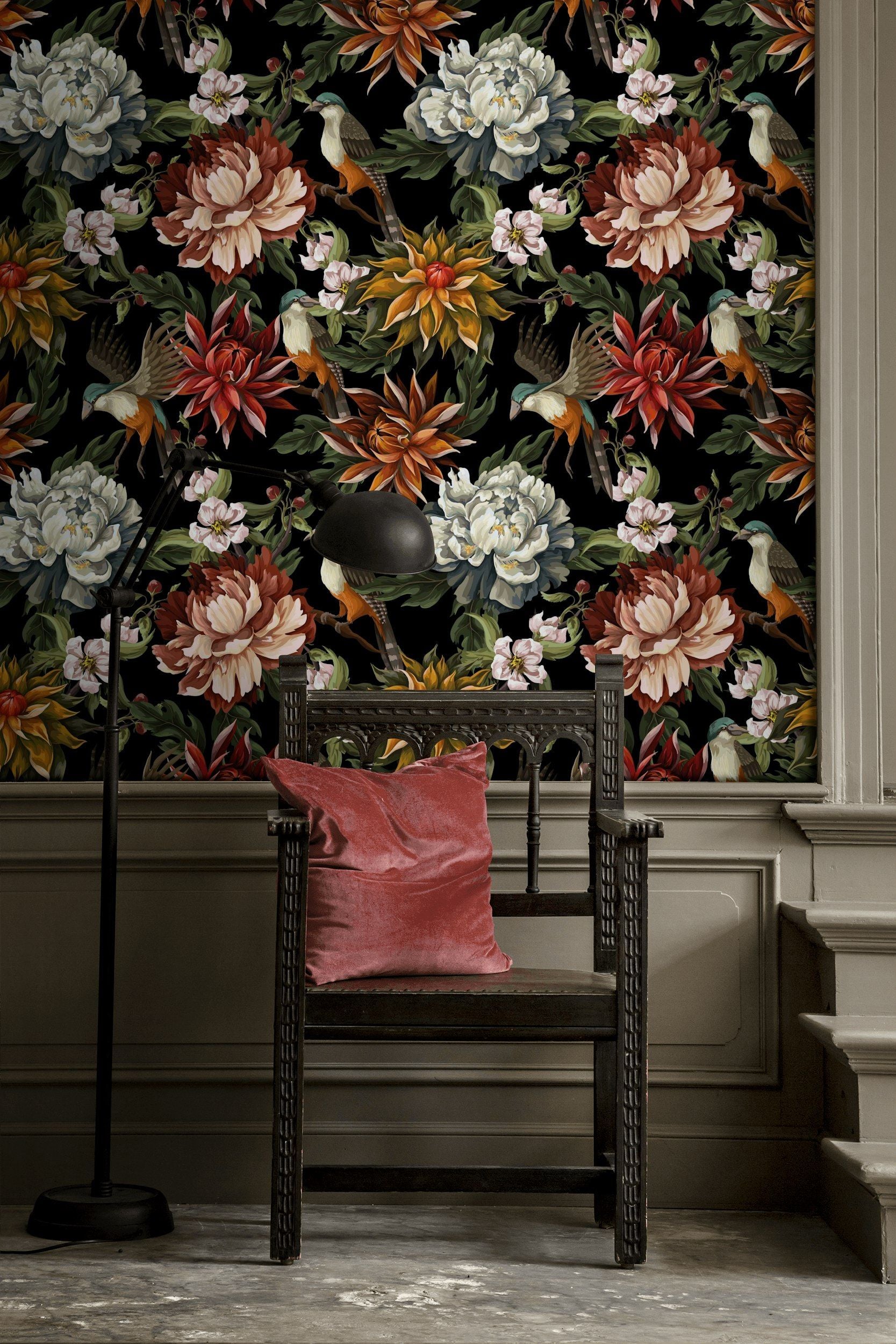 Vibrant Floral and Bird Black Background Wallpaper