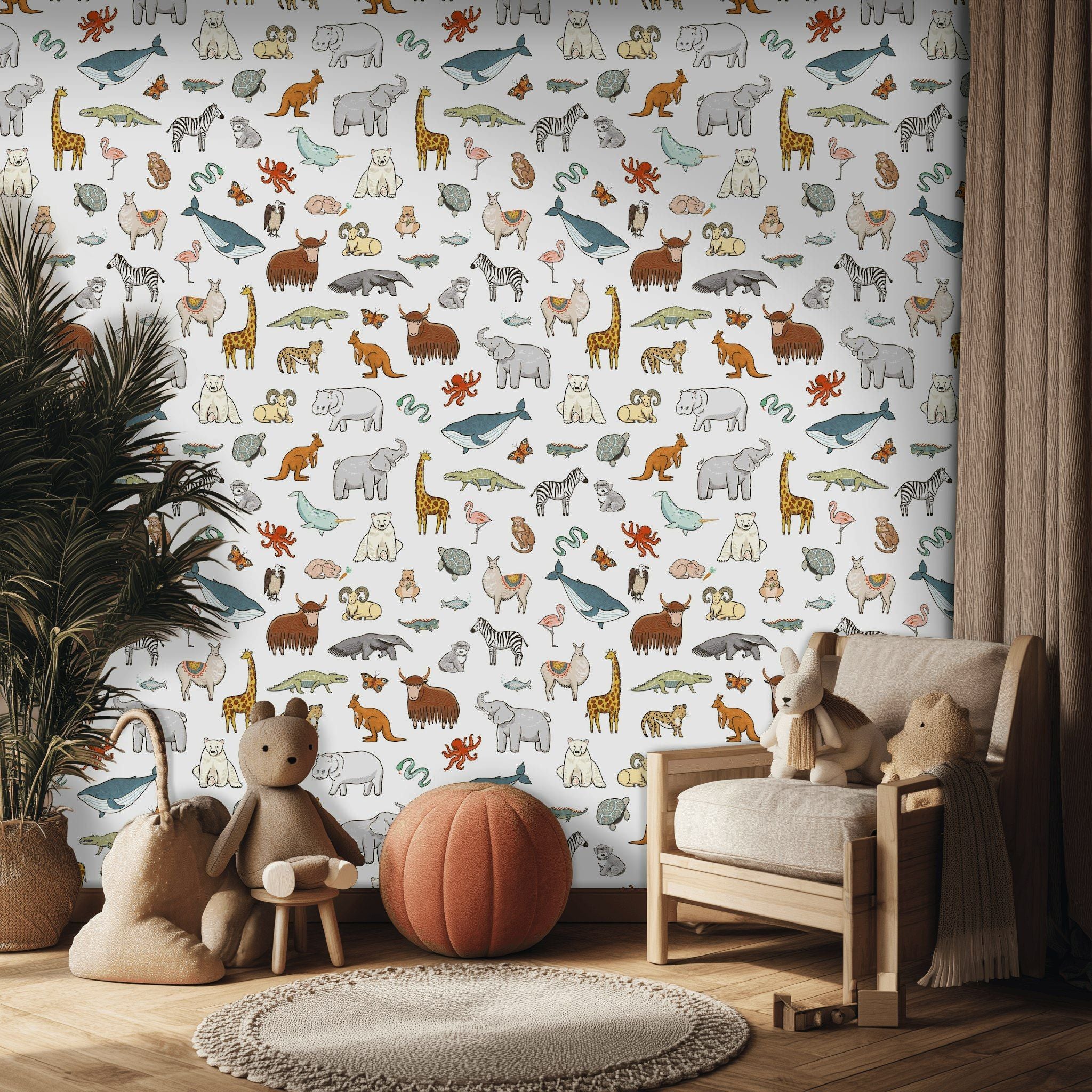 White Multicolor Cartoon Animal Kids Wallpaper