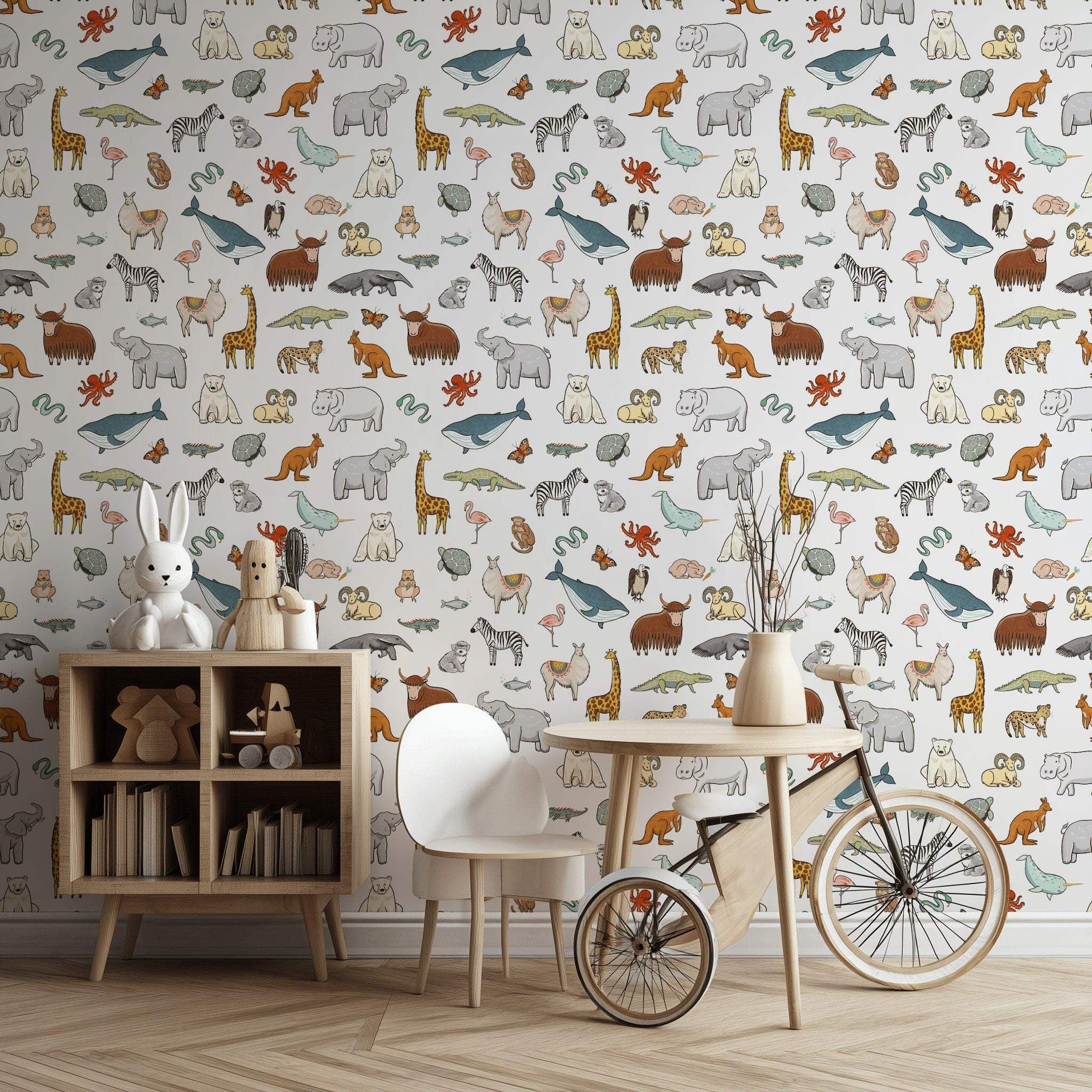 White Multicolor Cartoon Animal Kids Wallpaper